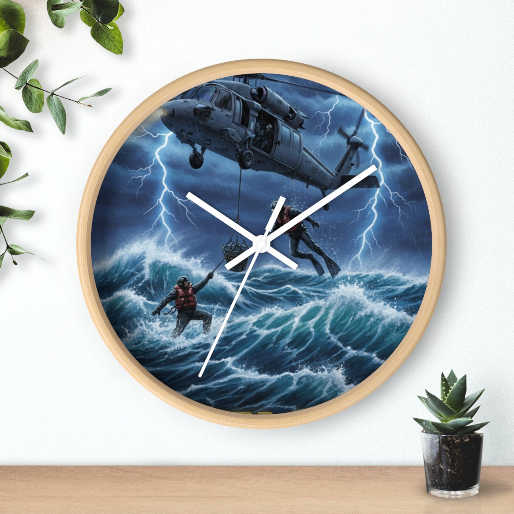 Rescue Helicopter Storm Wall Clock — Search & Rescue Ocean Scene