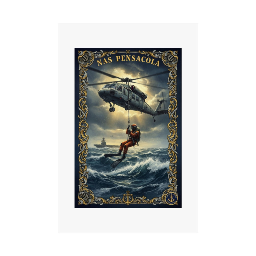 NAS Pensacola Rescue Helicopter Matte Poster — Search & Rescue Nautical Wall Art