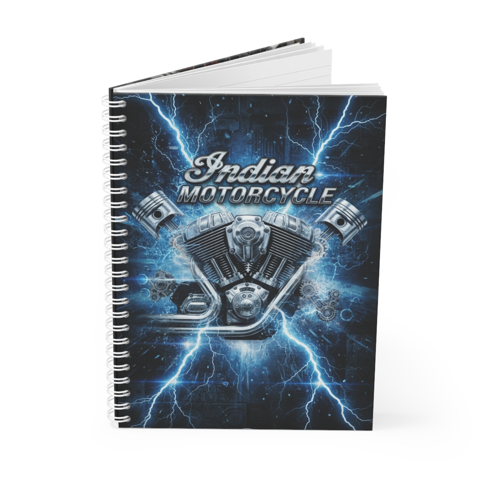 Indian Motorcycle Lightning Engine Spiral Notebook — Biker Journal, Blue Thunder Motorcycle Gift