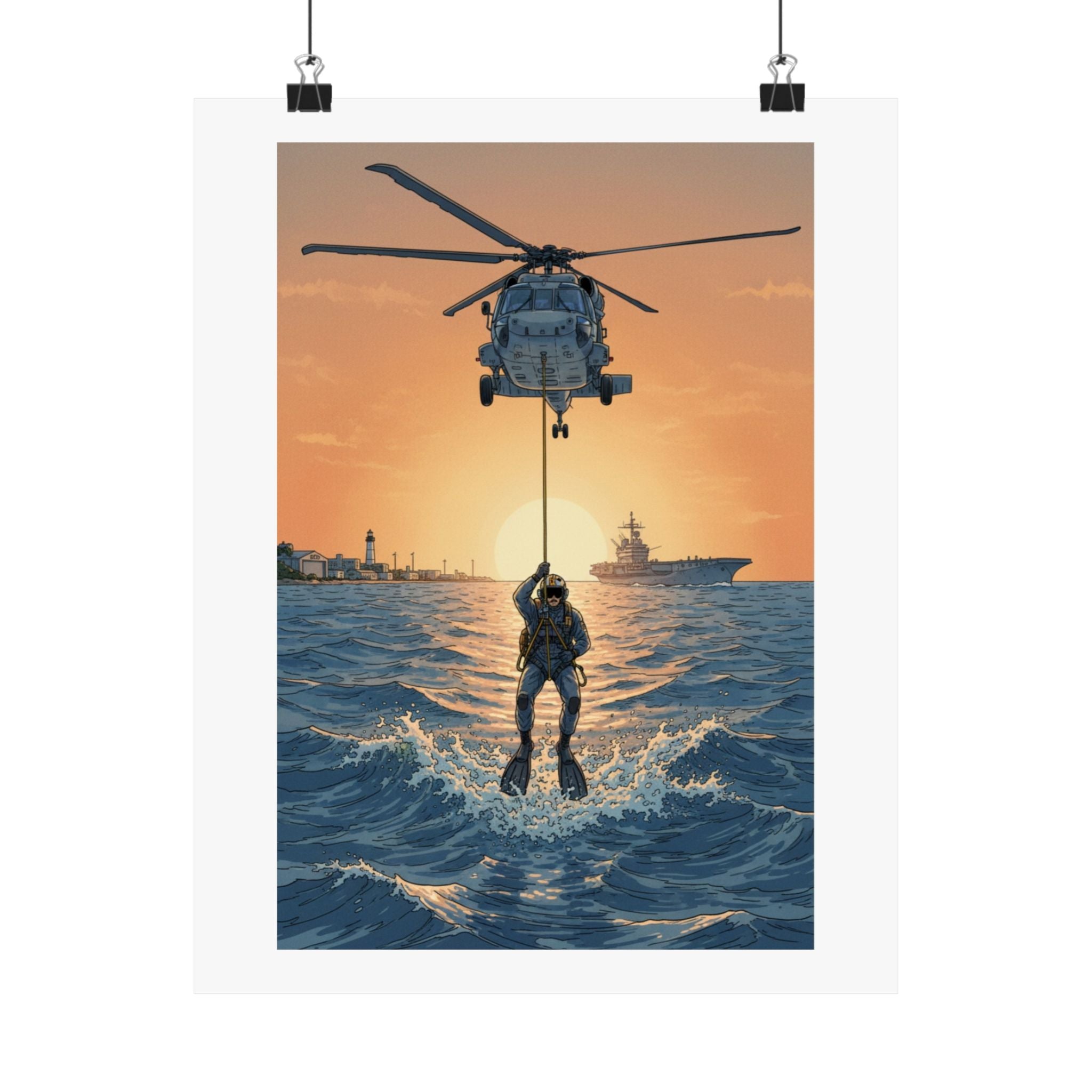 Matte Poster — Navy Rescue Helicopter at Sunset (Vertical)