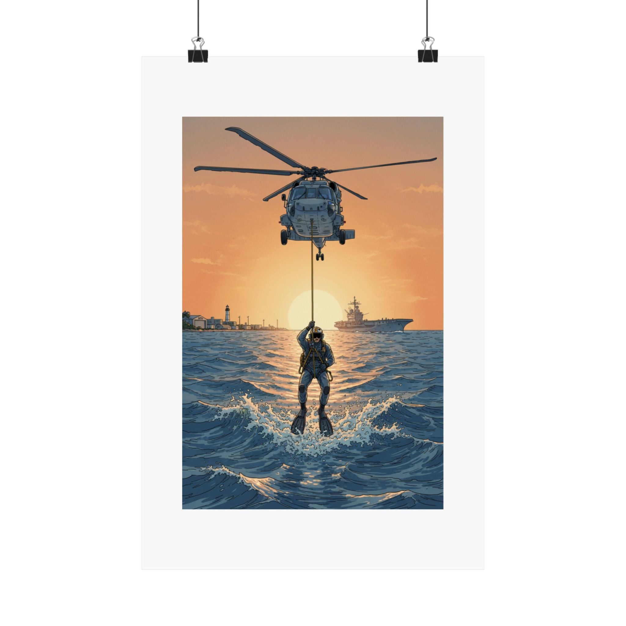 Matte Poster — Navy Rescue Helicopter at Sunset (Vertical)