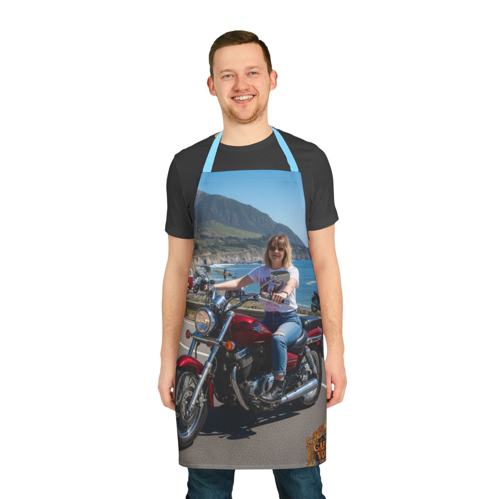 Custom Motorcycle Photo Apron — Personalized Biker Cook Apron with Scenic Ride Print