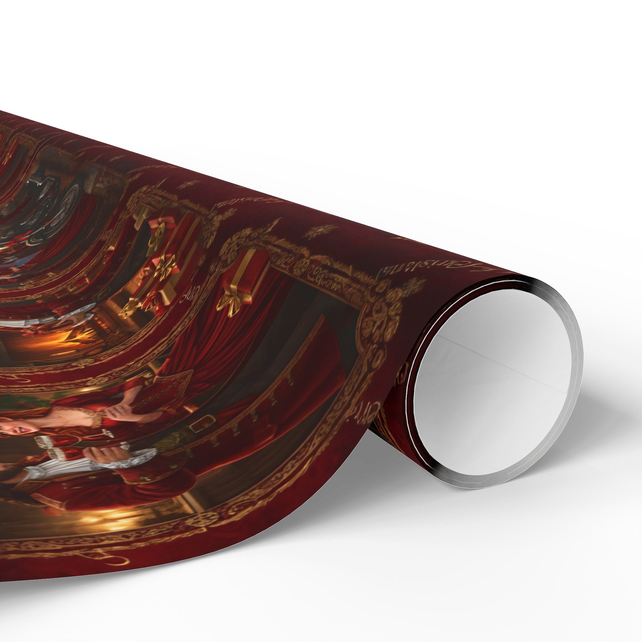 Wrapping Paper Roll — Vintage Holiday Sleigh & Ornament Pattern (Red & Gold)