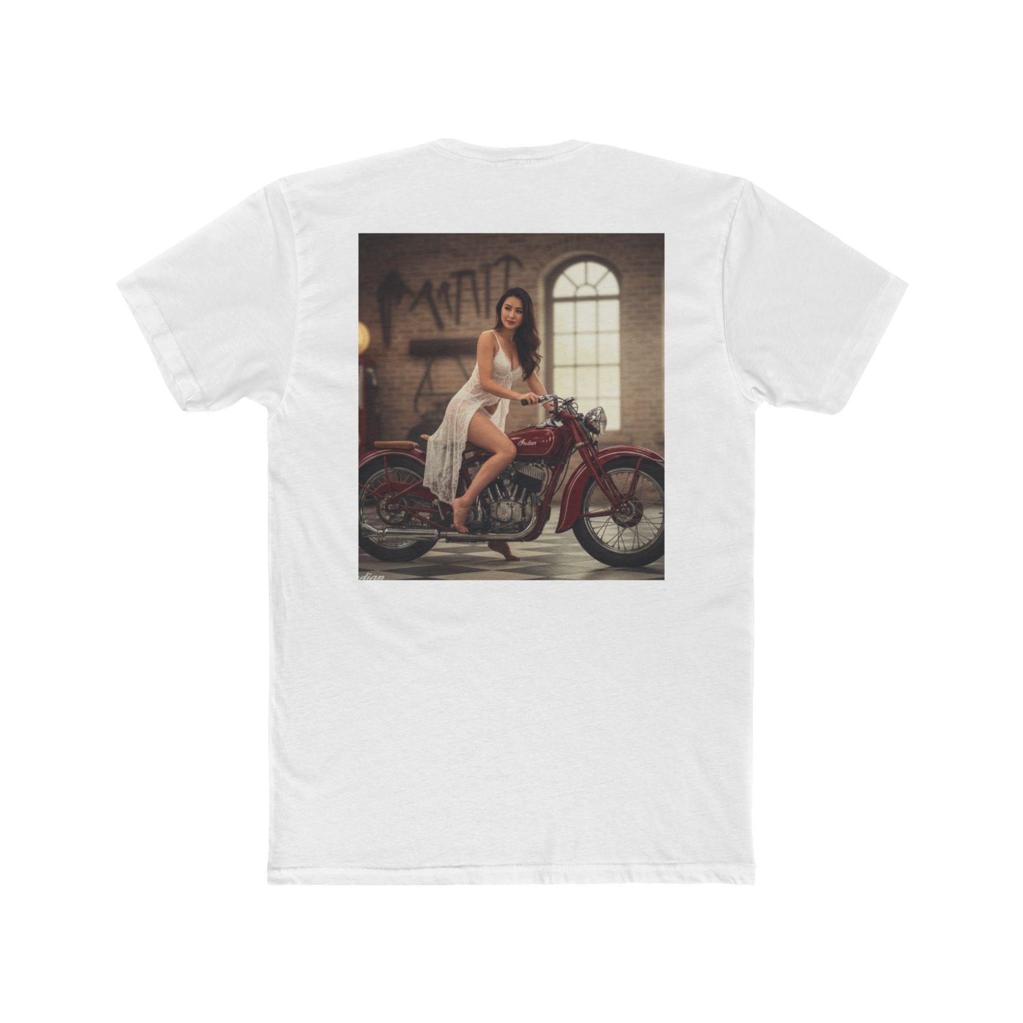 Vintage Motorcycle Pinup Tee — Retro Biker Photo Crewneck