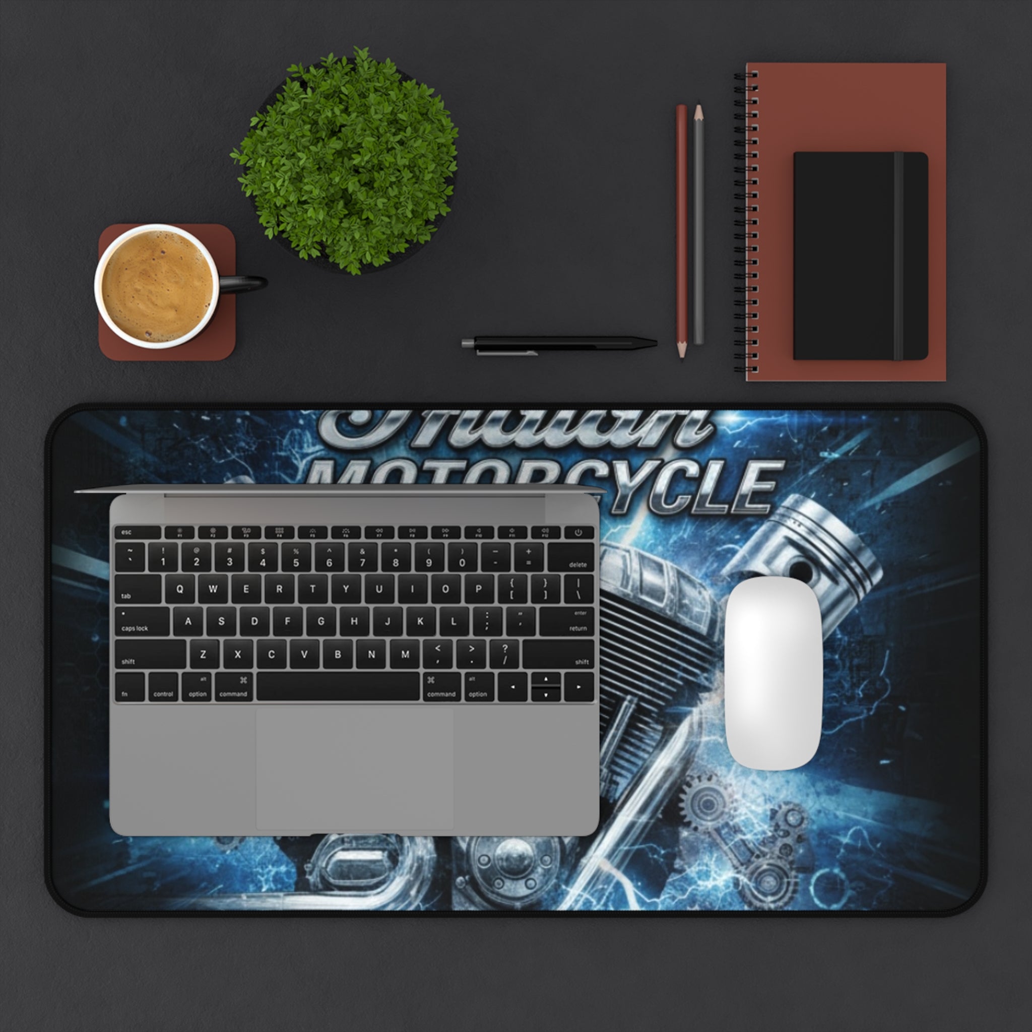 Indian Motorcycle Engine Desk Mat — Blue V-Twin Motor Graphic Mouse Pad
