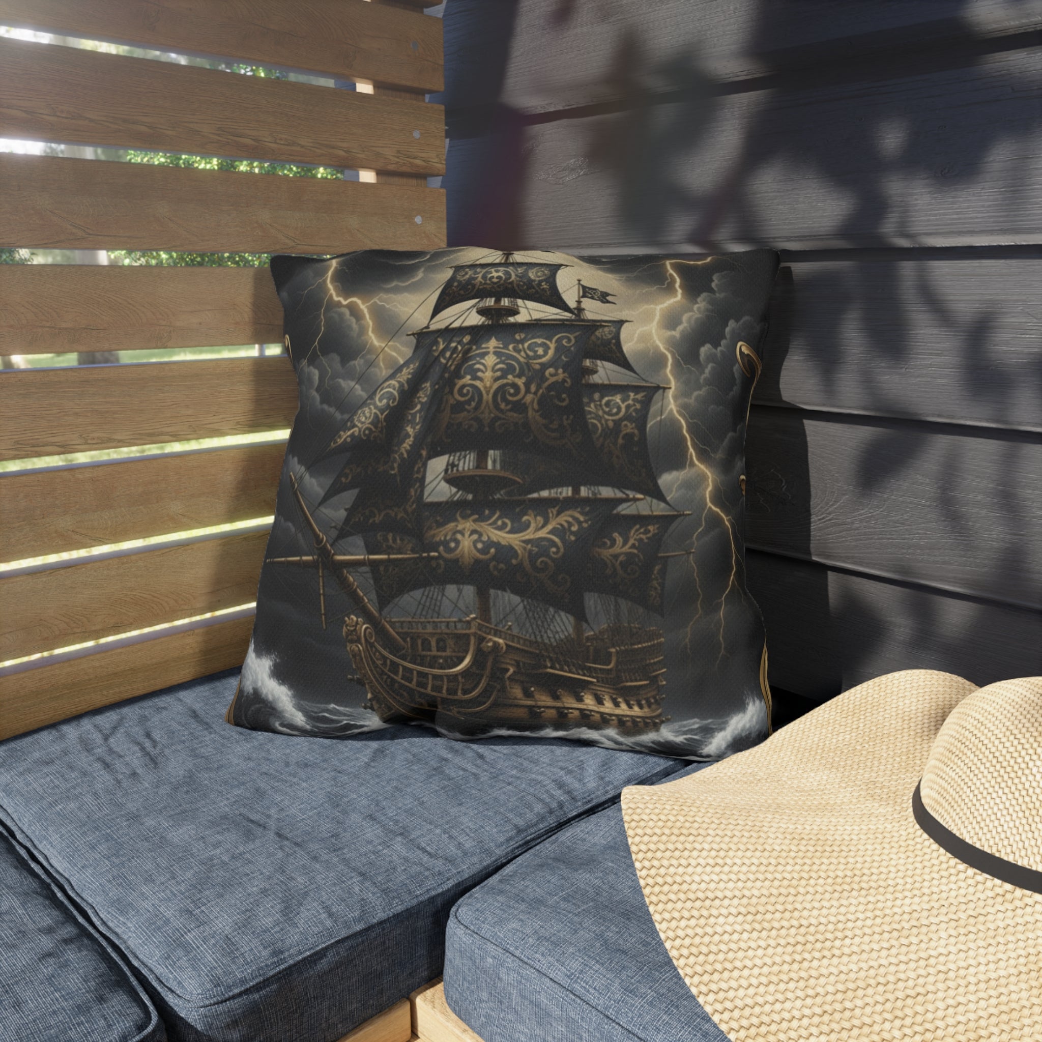Nautical Black Pirate Ship Outdoor Pillow - "The Captain's Voyage Collection" Accent Cushion