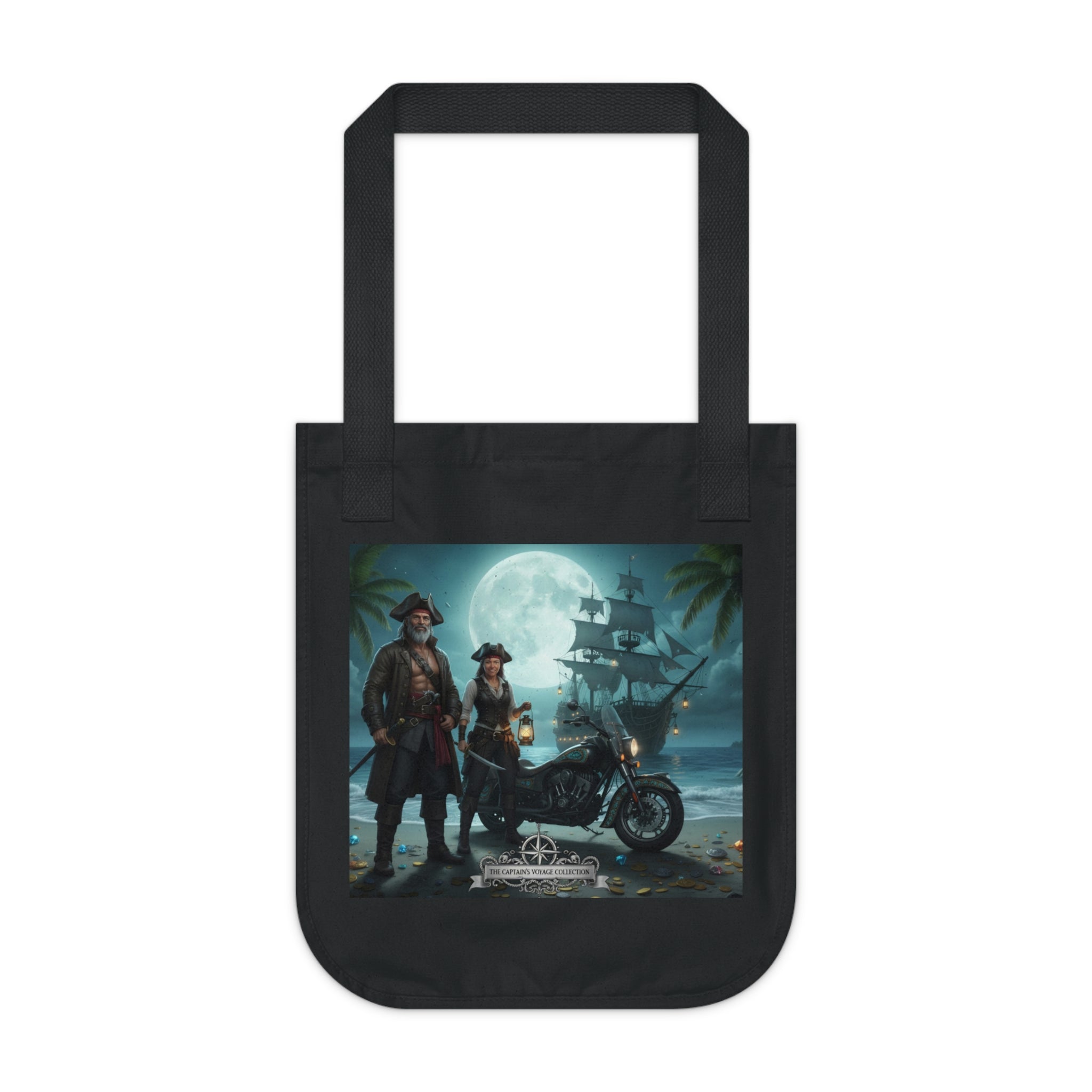Pirate Night Motorcycle Tote — Moonlit Ship & Buccaneers Organic Canvas Bag