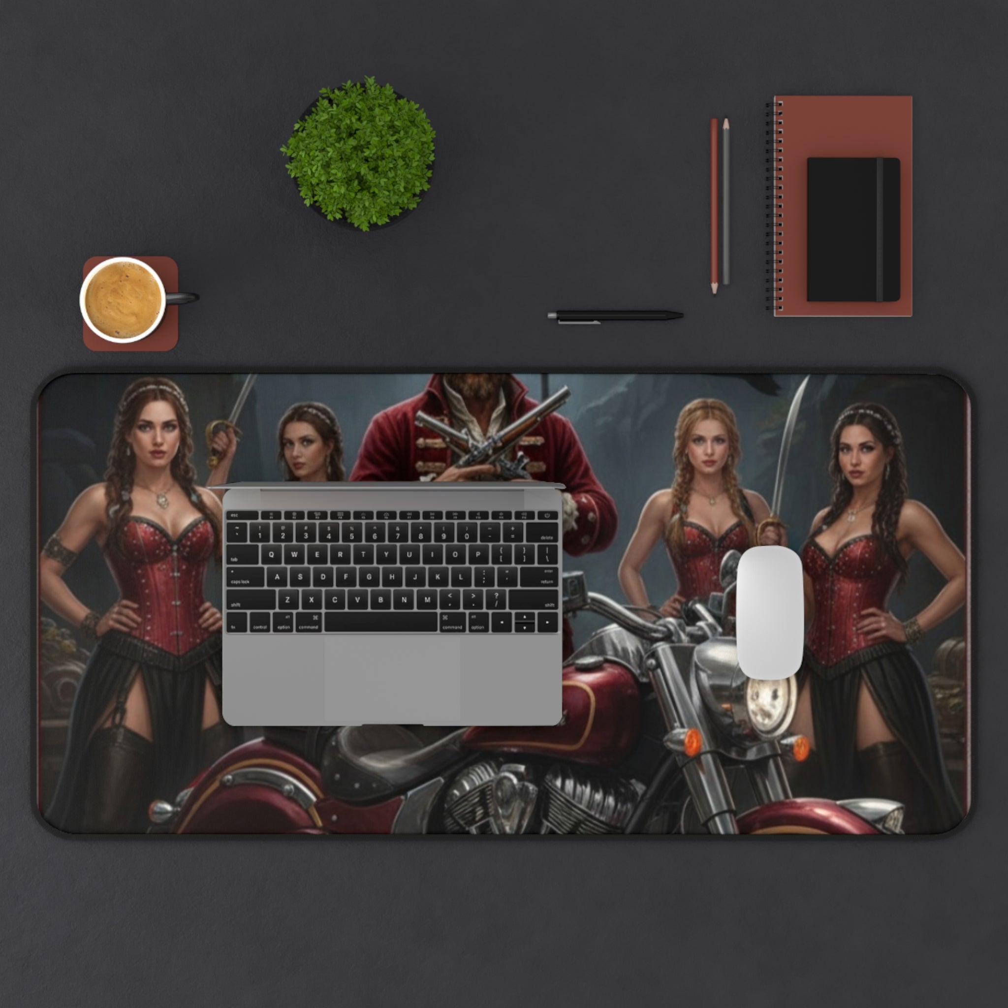 Pirate Biker Desk Mat — Captain with Motorcycle & Sirens Gaming Mousepad