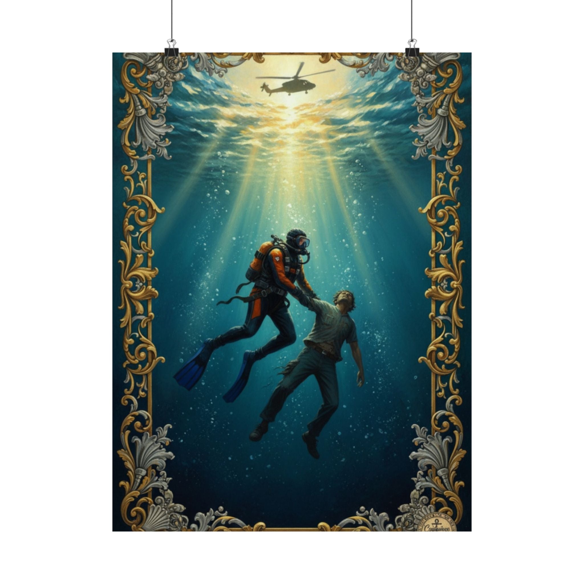 Underwater Rescue Poster — Diver & Child Matte Vertical Art Print