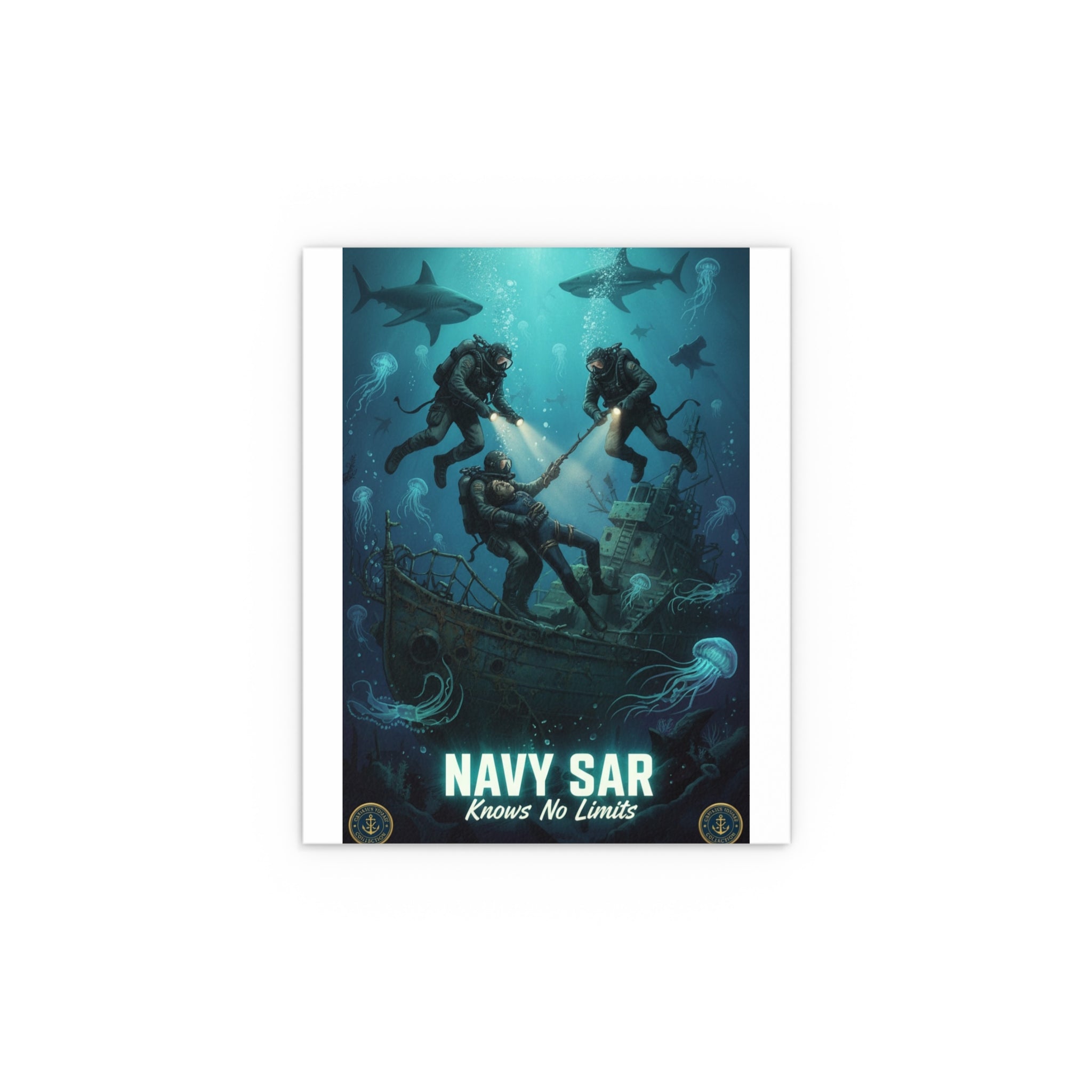 Navy SAR Silk Poster — 'Knows No Limits' Underwater Diver Rescue Art