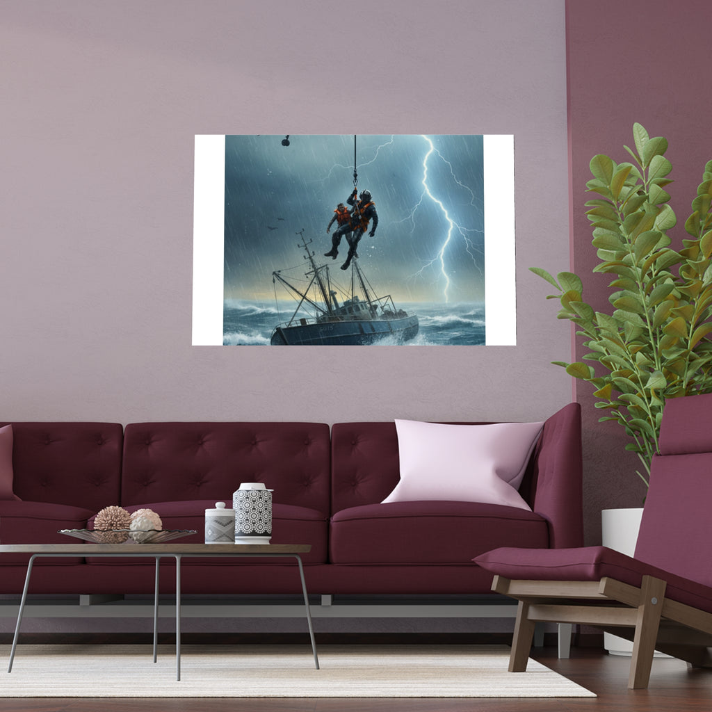 Rescue at Sea Silk Poster — Storm Helicopter Lifesaver Wall Art (Indoor/Outdoor)