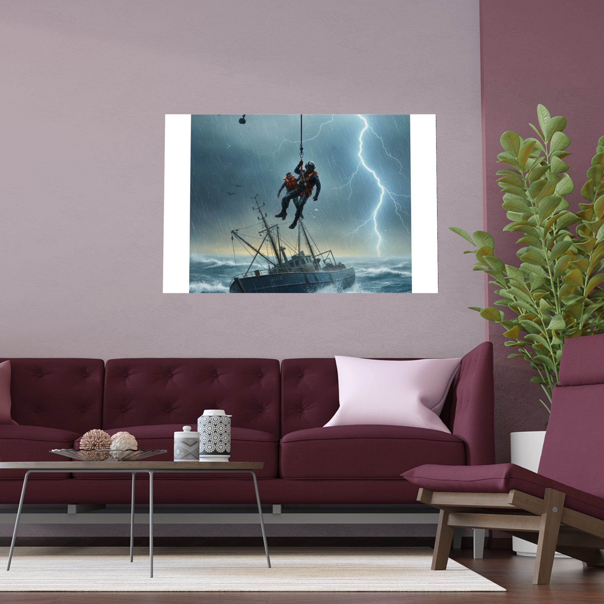 Rescue at Sea Silk Poster — Storm Helicopter Lifesaver Wall Art (Indoor/Outdoor)