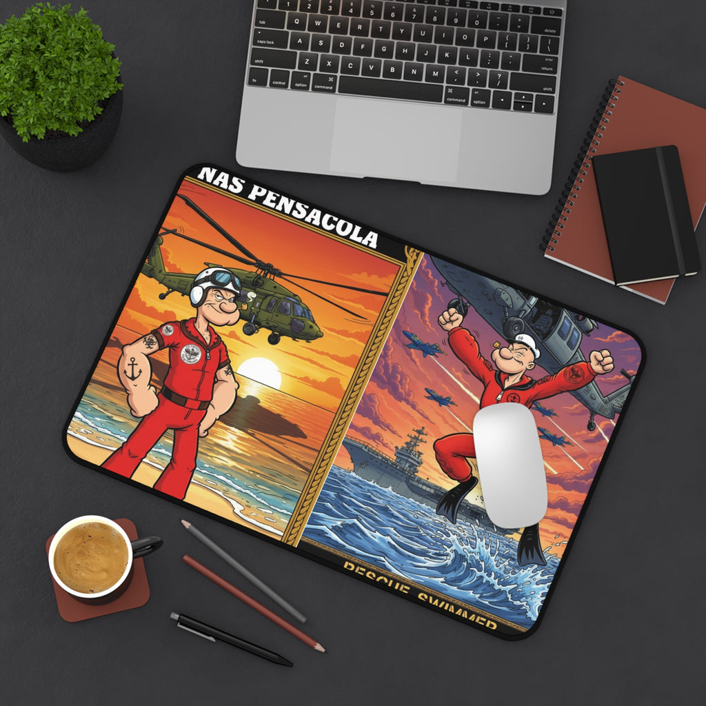 NAS Pensacola Rescue Swimmers Desk Mat — Vintage Helicopter & Carrier Artwork