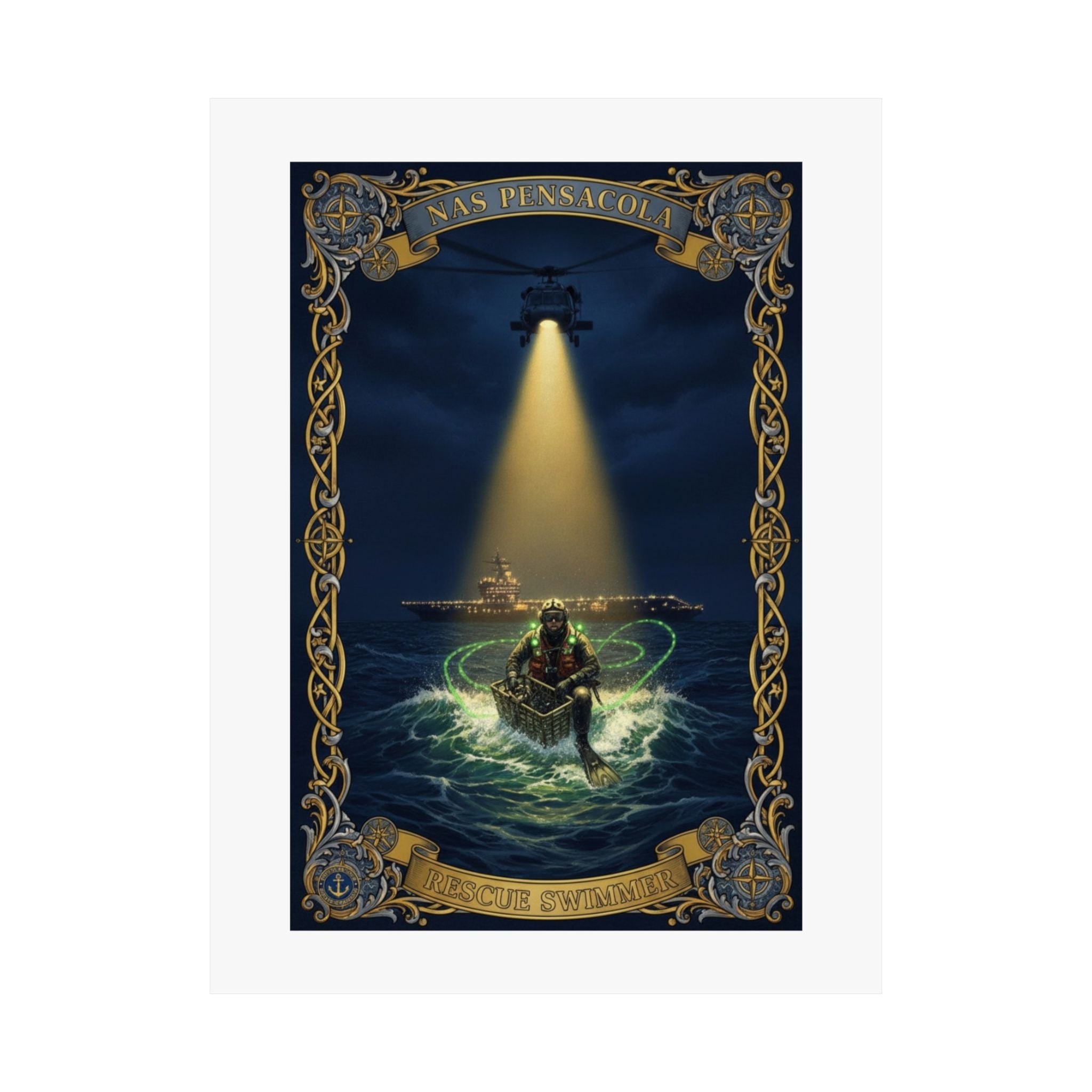 Nautical Rescue Matte Poster — Lighthouse Search & Shipwreck Scene