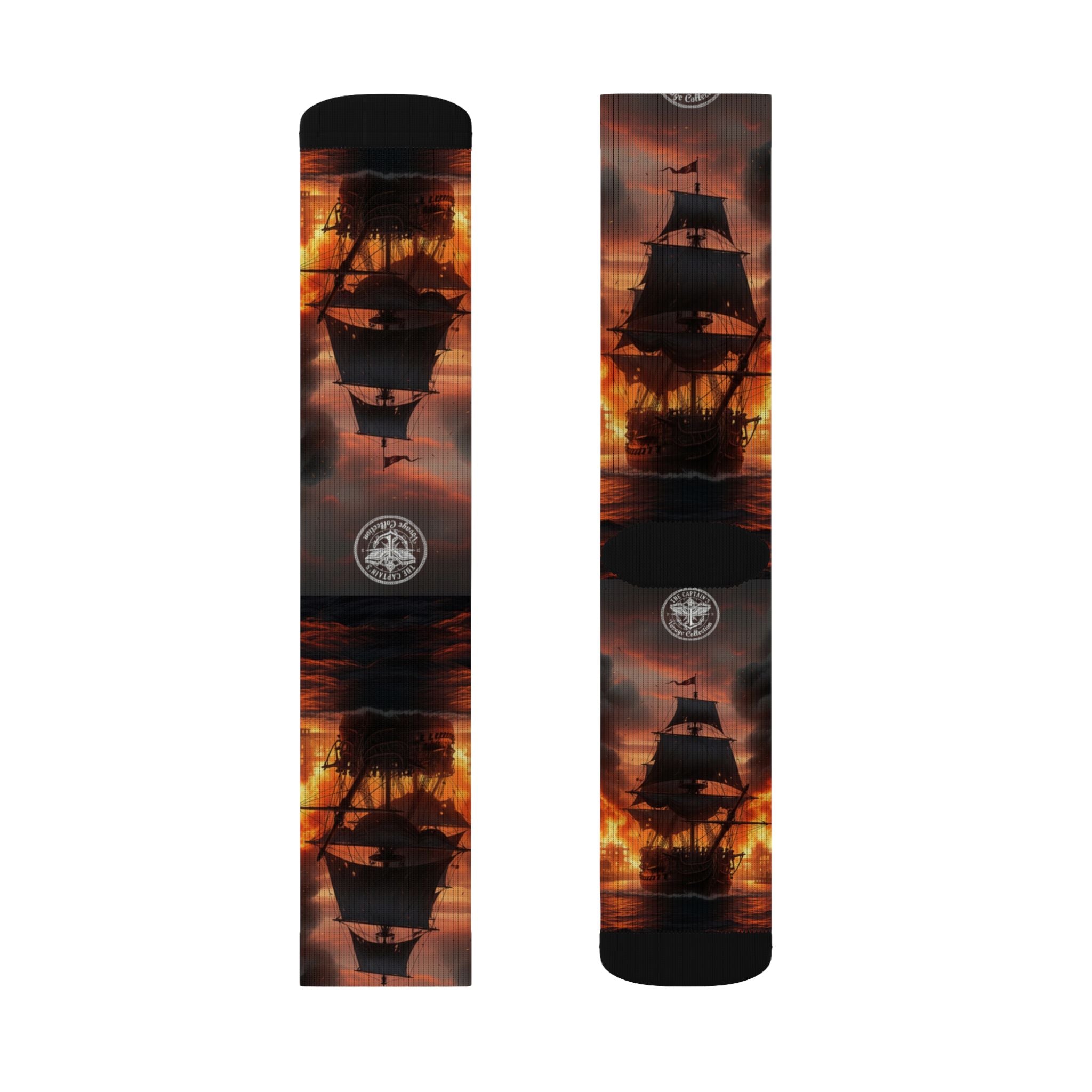 Pirate Ship Sunset Socks — Nautical Sailing Crew Socks with Dramatic Sunset Ship Silhouette