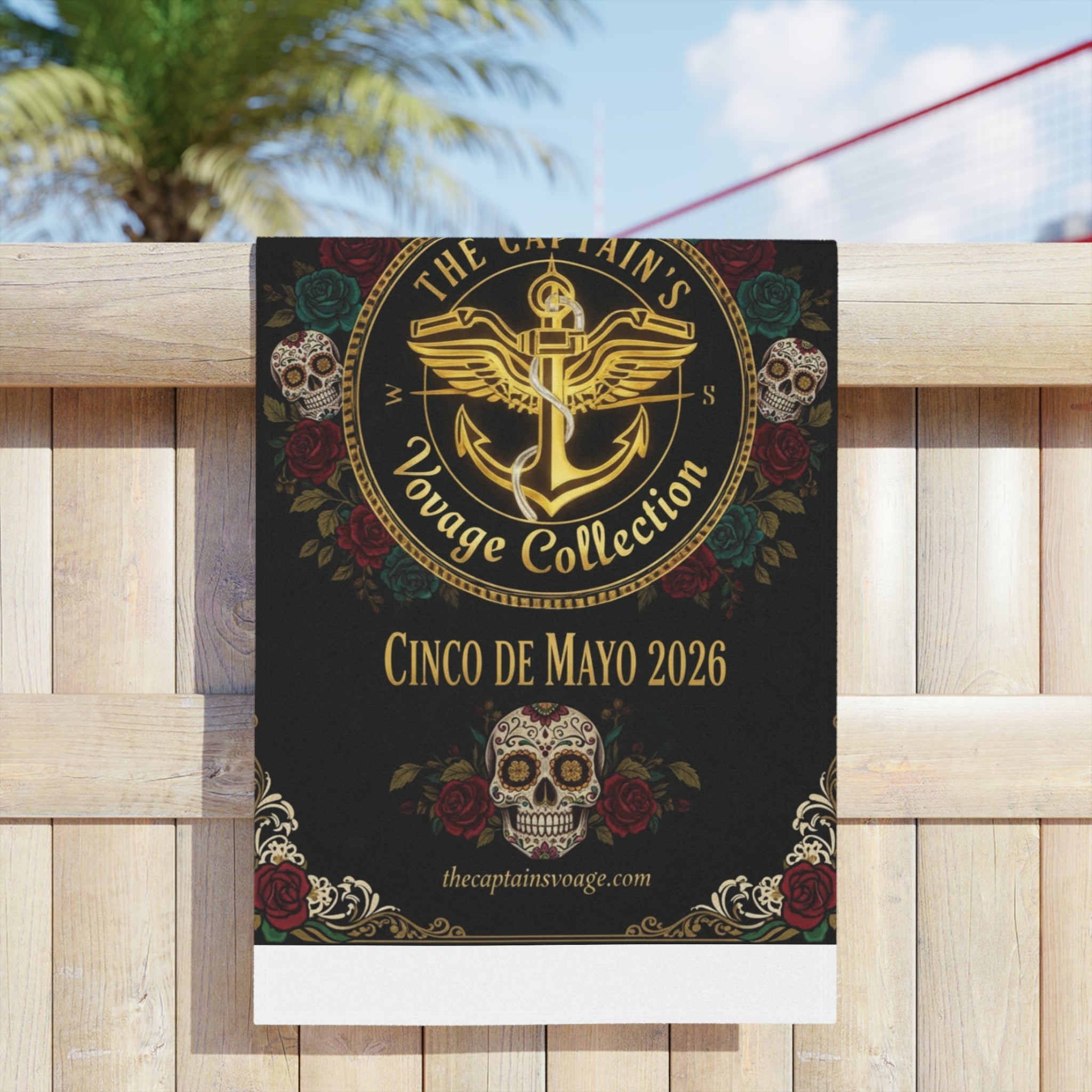 Cinco de Mayo 2026 Captain's Voyage Beach Towel — Nautical Anchor Day of the Dead Design