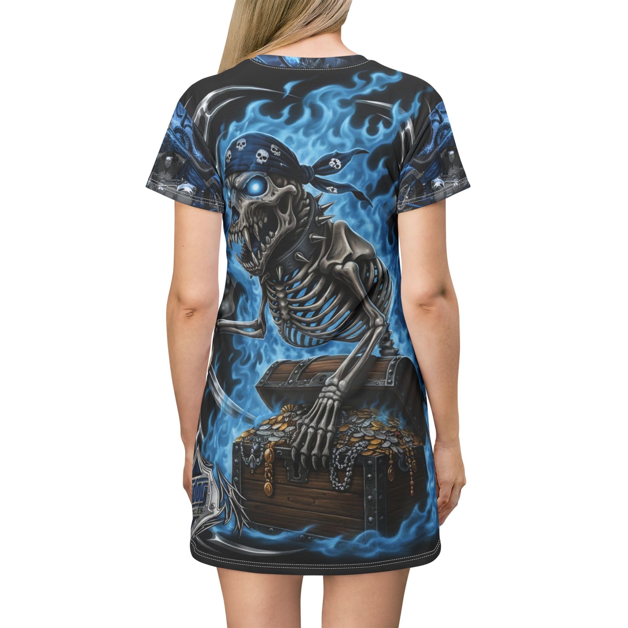 Skull Pirate T-Shirt Dress — Blue Flame Motorcycle Gothic Tee Dress