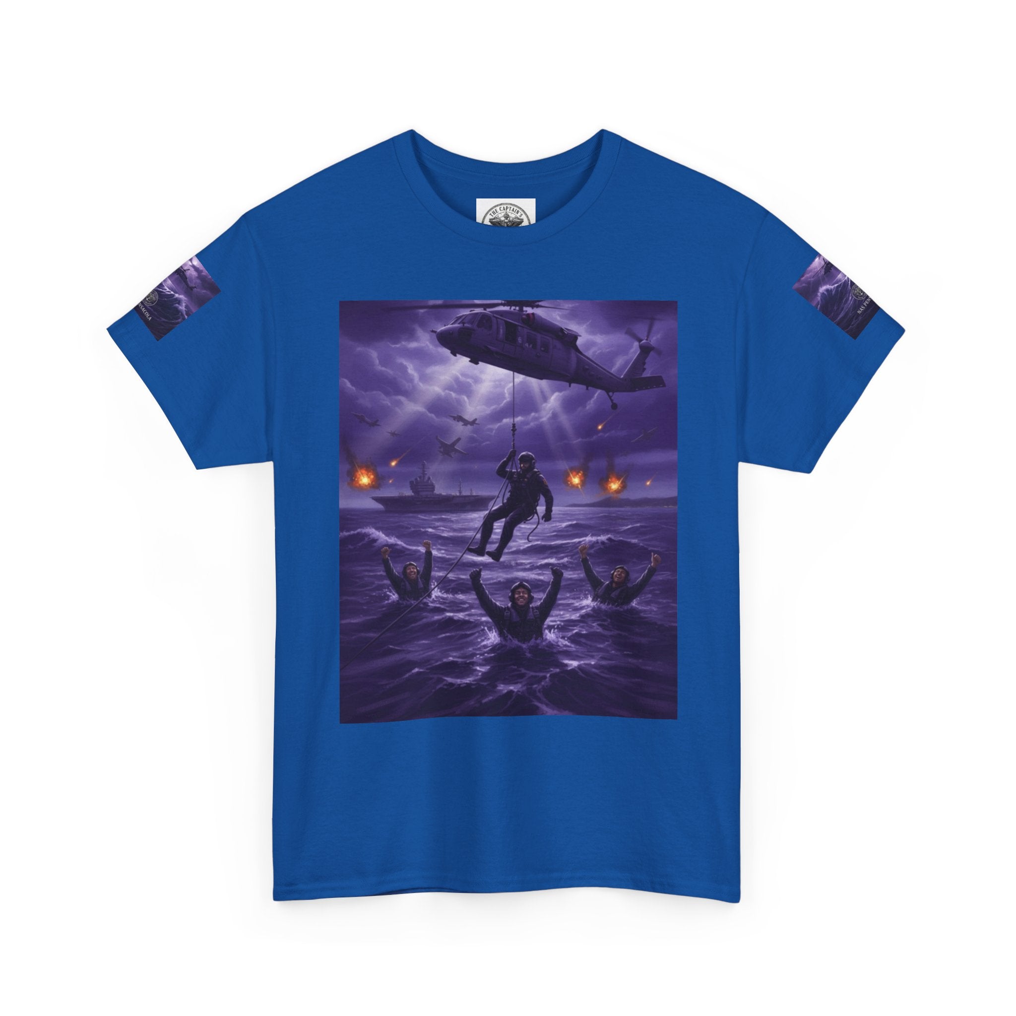 Rescue Night Tee — Purple Helicopter Sea Rescue Graphic T-Shirt