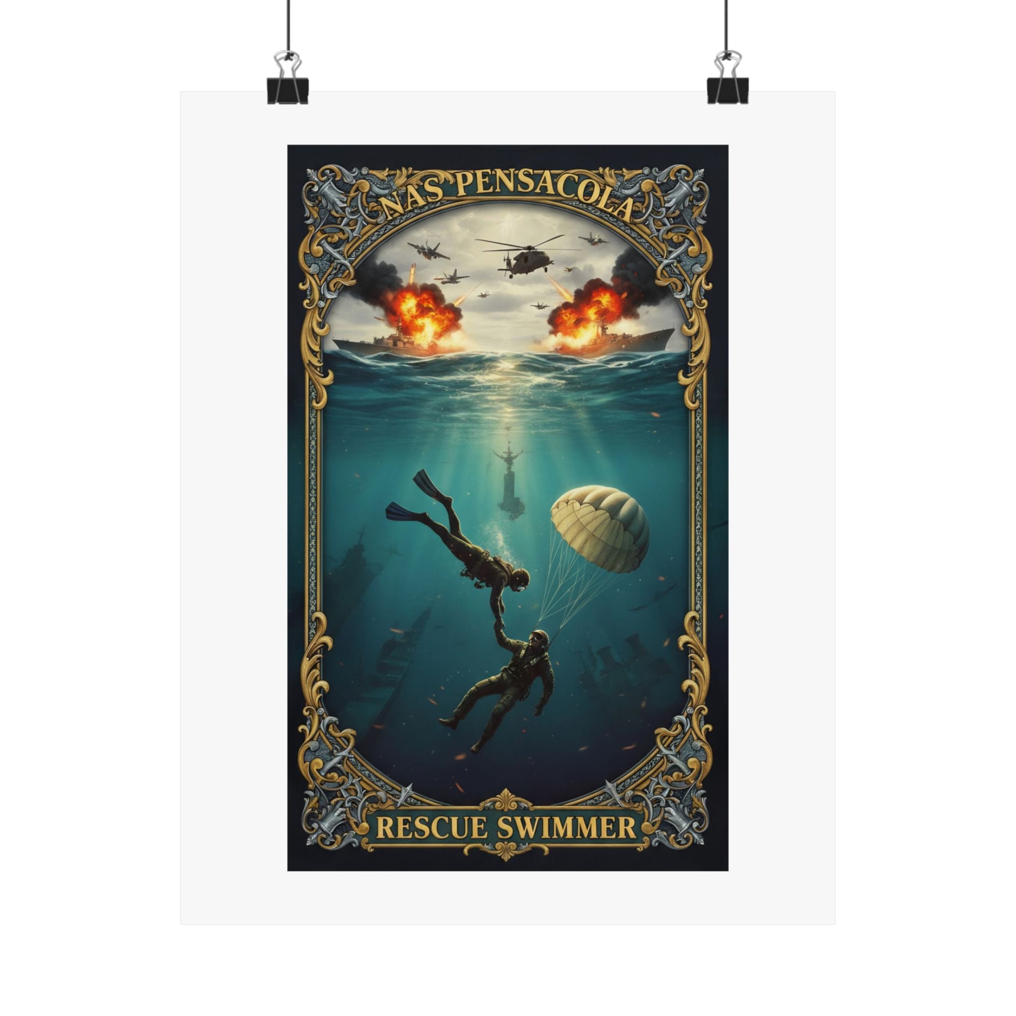 Rescue Swimmer Matte Vertical Poster — NAS Pensacola Military Aviation & Sea Rescue Art