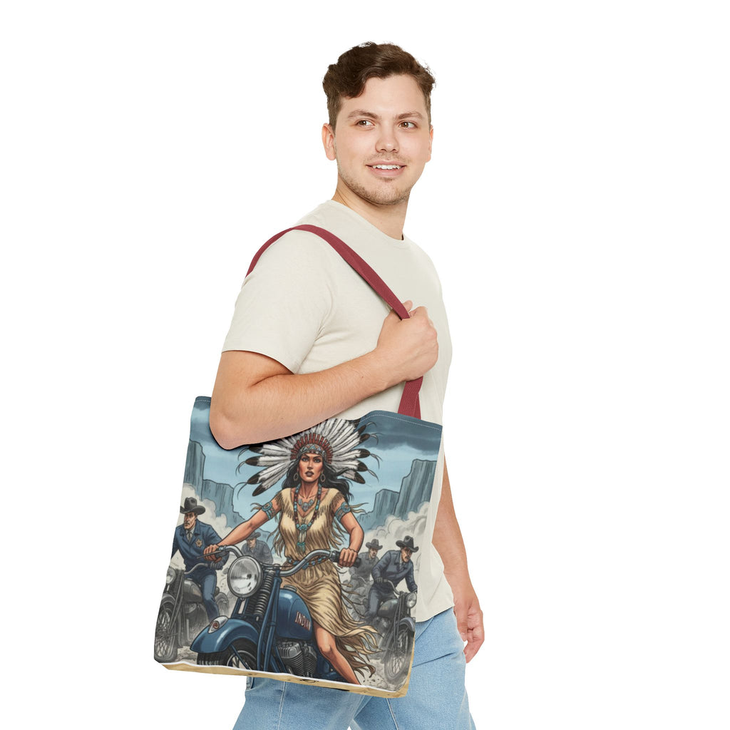 Vintage Biker Tote Bag — Motorcycle Pinup with Headdress