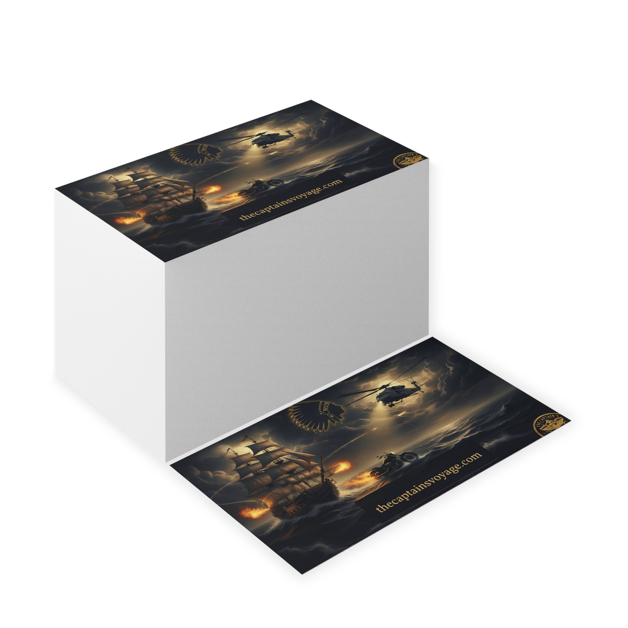 Business Cards — Nautical Adventure Scene with Ship, Helicopter & Motorcycle (thecaptainsvoyage.com)