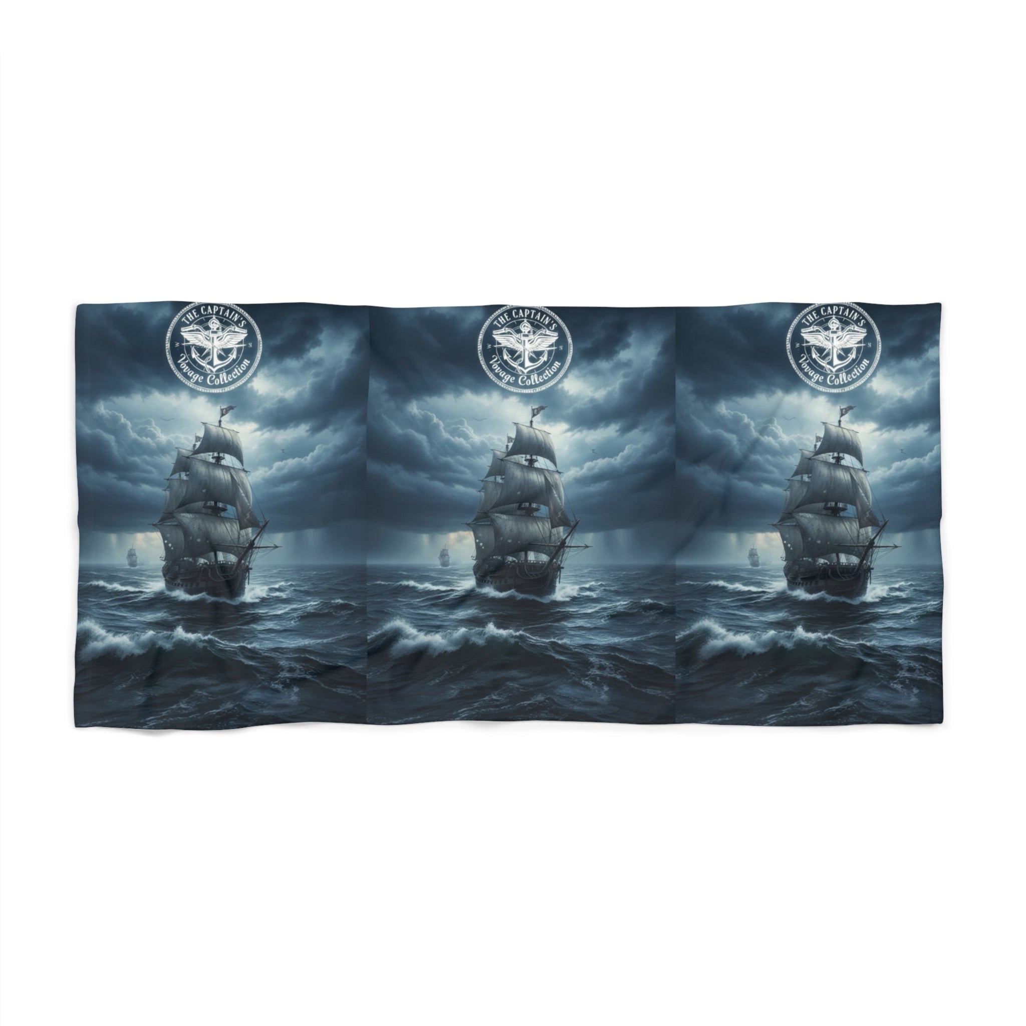 Nautical Storm Ship Beach Towel — Dark Sailing Voyage Design