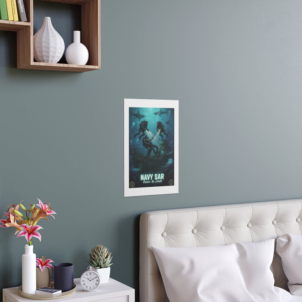 Navy SAR Silk Poster — 'Knows No Limits' Underwater Diver Rescue Art