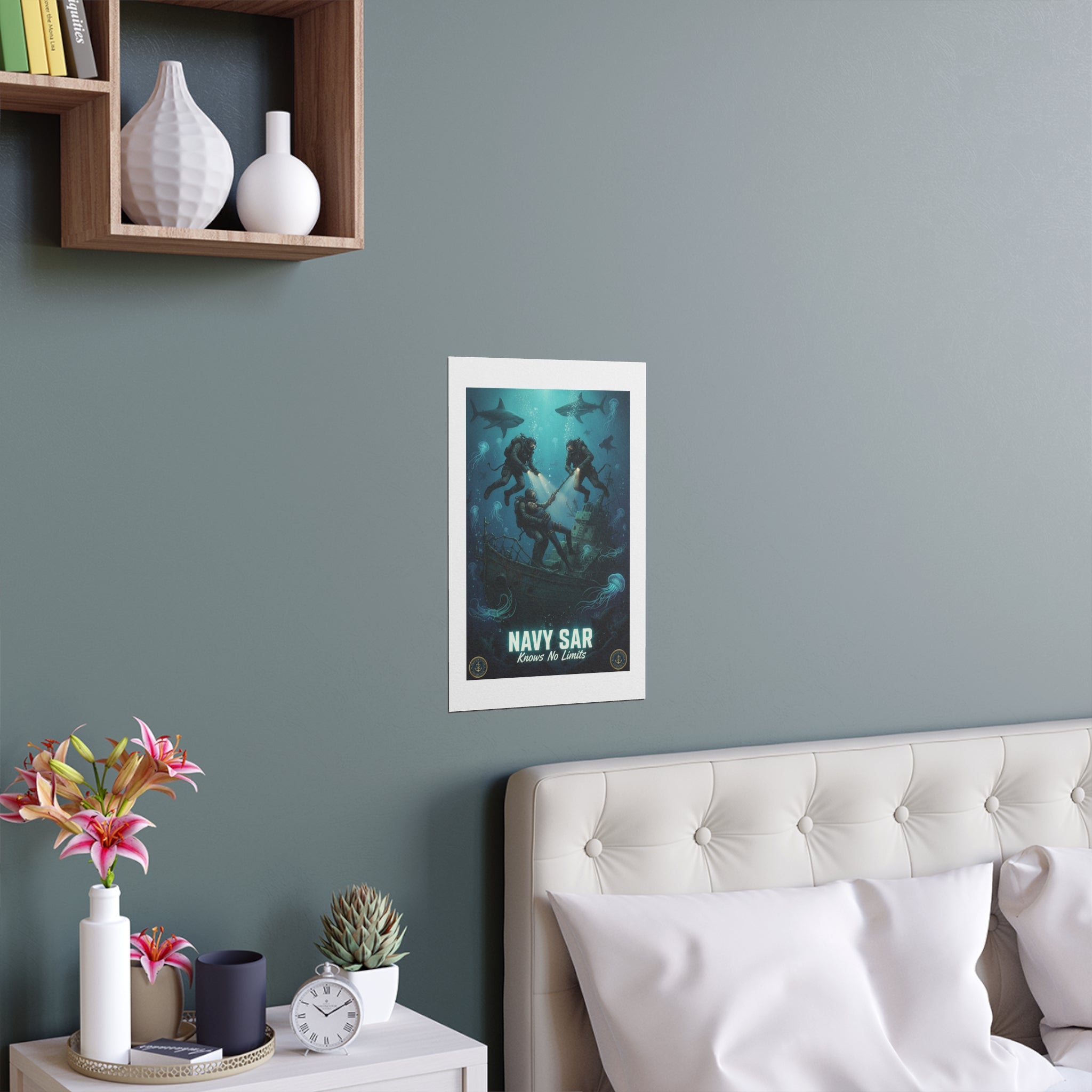 Navy SAR Silk Poster — 'Knows No Limits' Underwater Diver Rescue Art