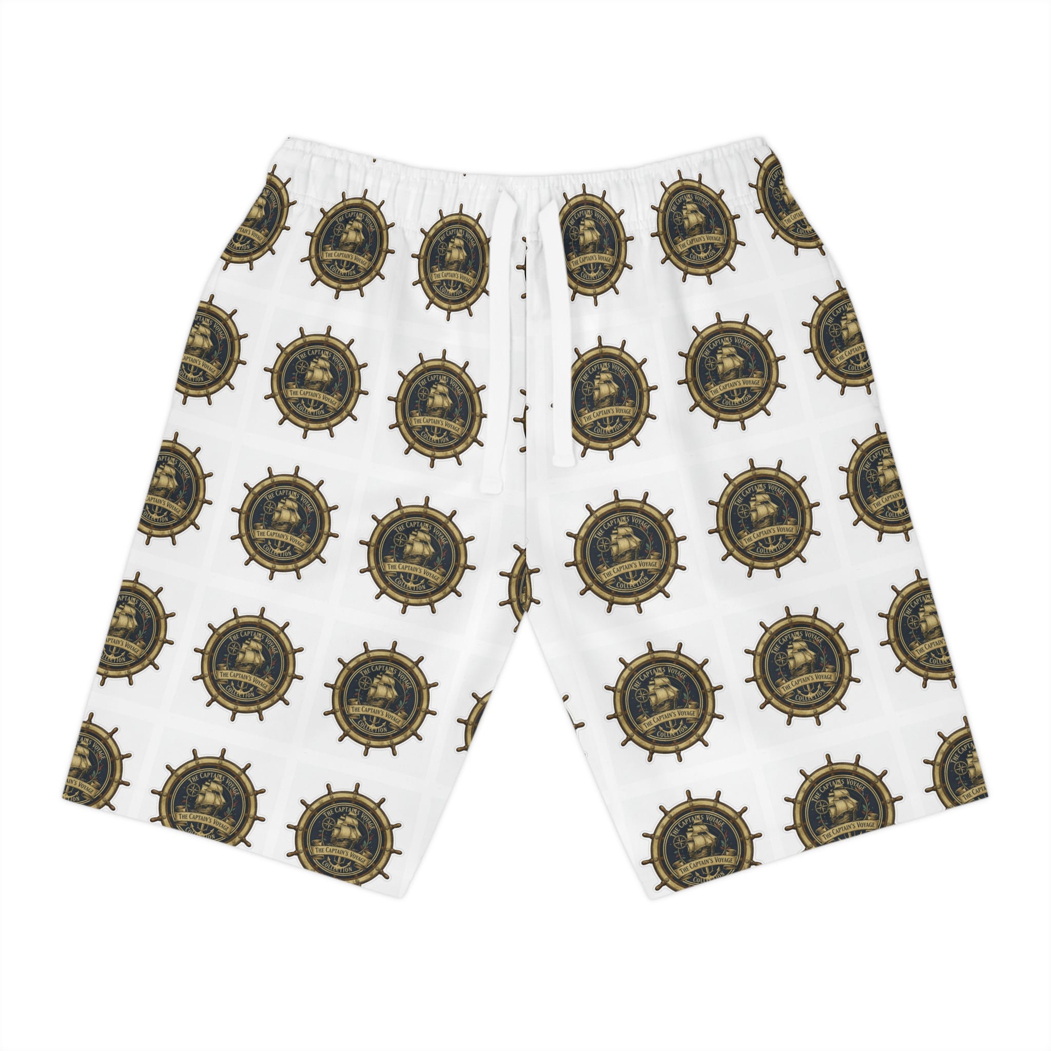 Nautical Captain’s Voyage Athletic Long Shorts — All-Over Ship Wheel Print