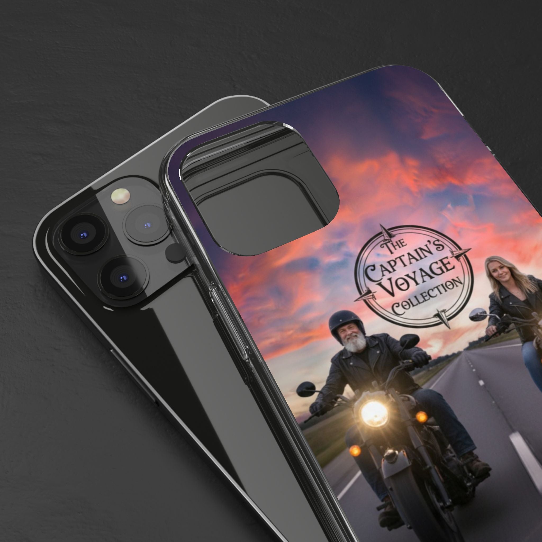 Clear Phone Case — 'The Captain's Voyage Collection' Motorcycle Sunset Design