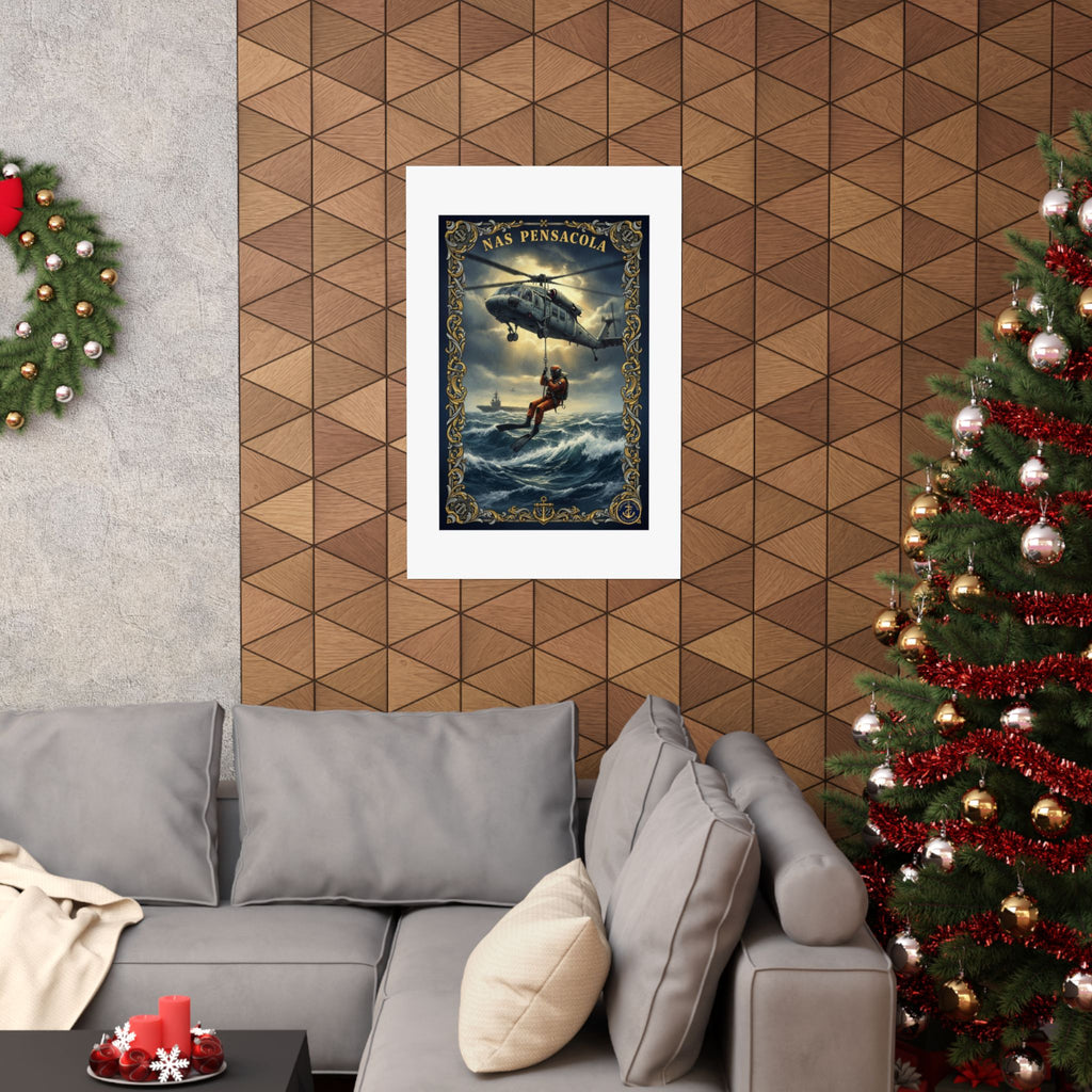 NAS Pensacola Rescue Helicopter Matte Poster — Search & Rescue Nautical Wall Art
