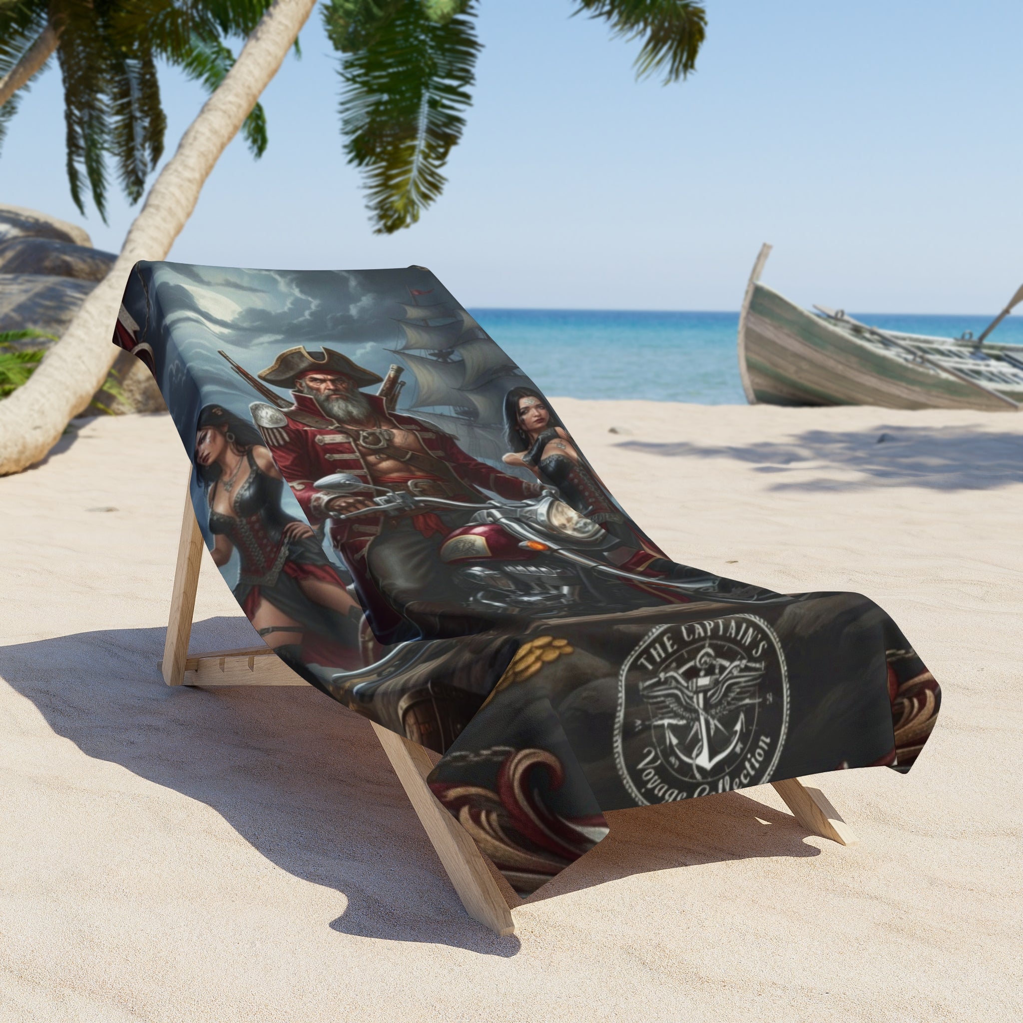Pirate Biker Beach Towel – Skull & Motorcycle Pirate Crew Print