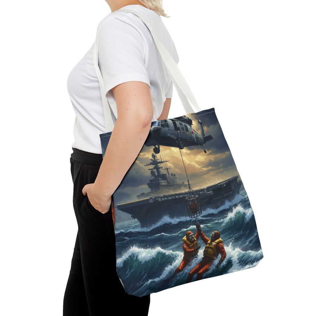 Rescue Squadron Tote Bag – Military Helicopter & Ship Search and Rescue Artwork