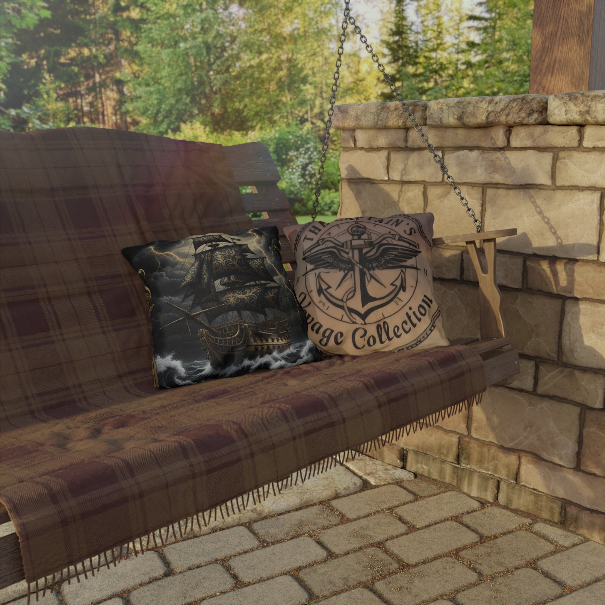 Nautical Black Pirate Ship Outdoor Pillow - "The Captain's Voyage Collection" Accent Cushion