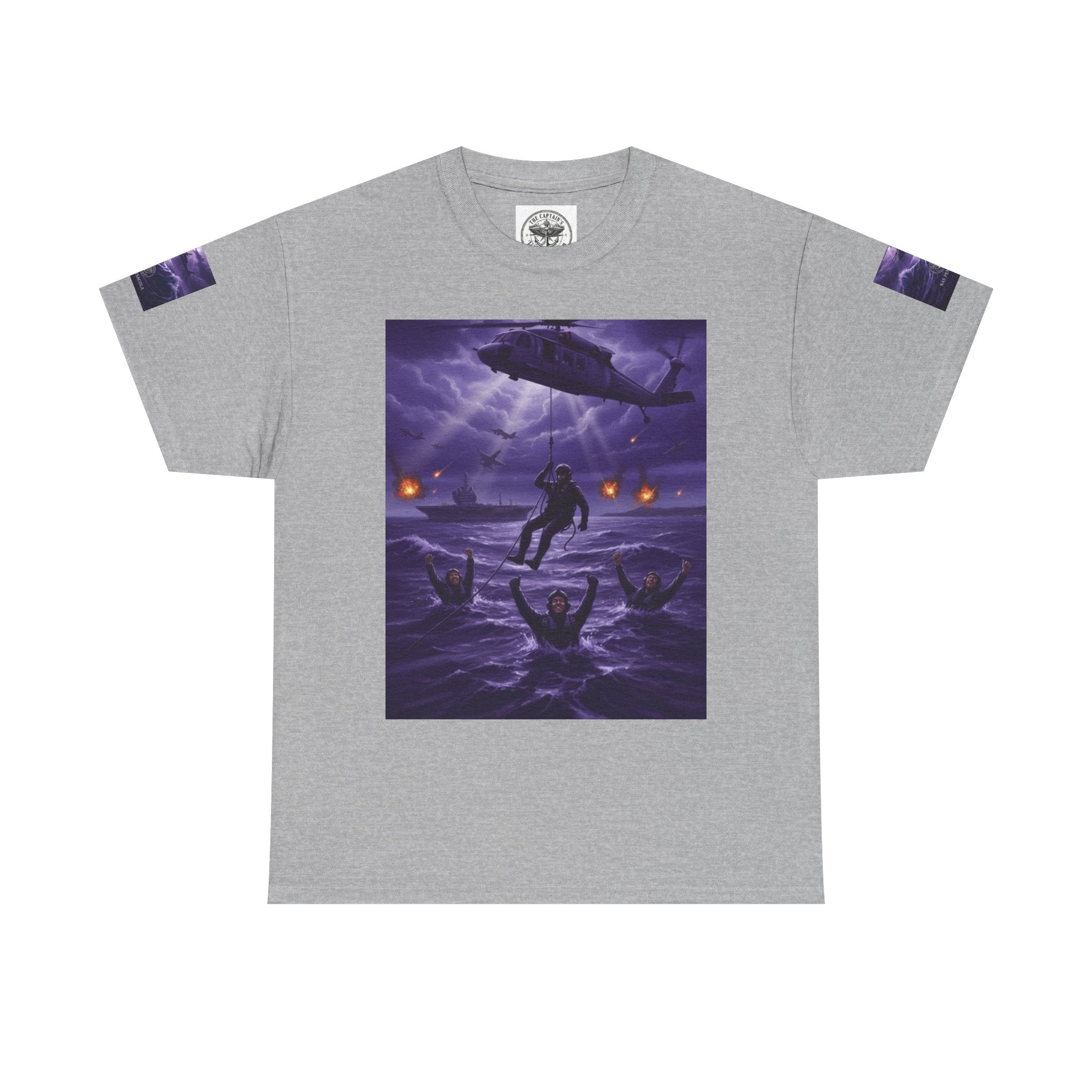 Rescue Night Tee — Purple Helicopter Sea Rescue Graphic T-Shirt