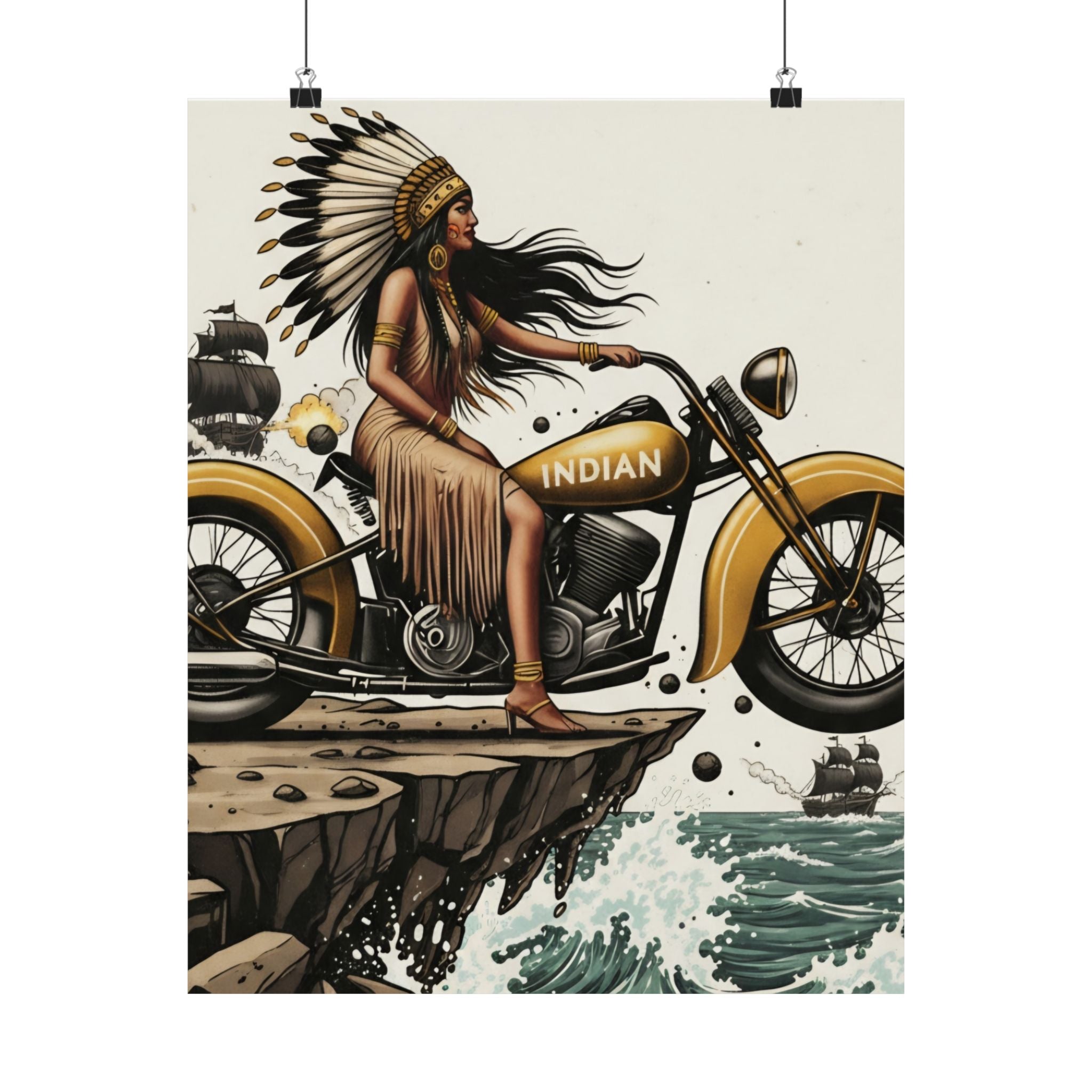 Vintage Indian Motorcycle Poster — Native Rider Matte Vertical Art Print