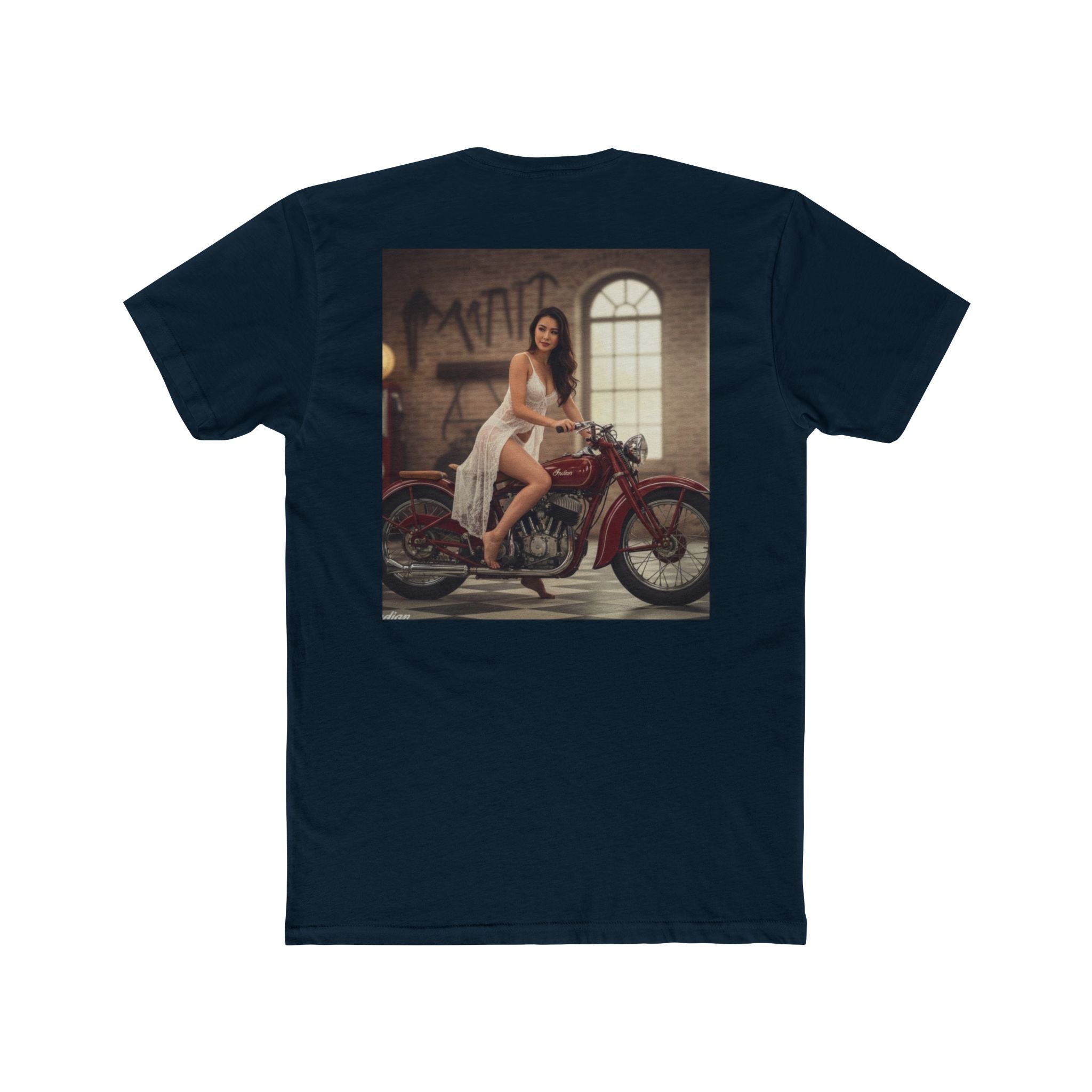 Vintage Motorcycle Pinup Tee — Retro Biker Photo Crewneck