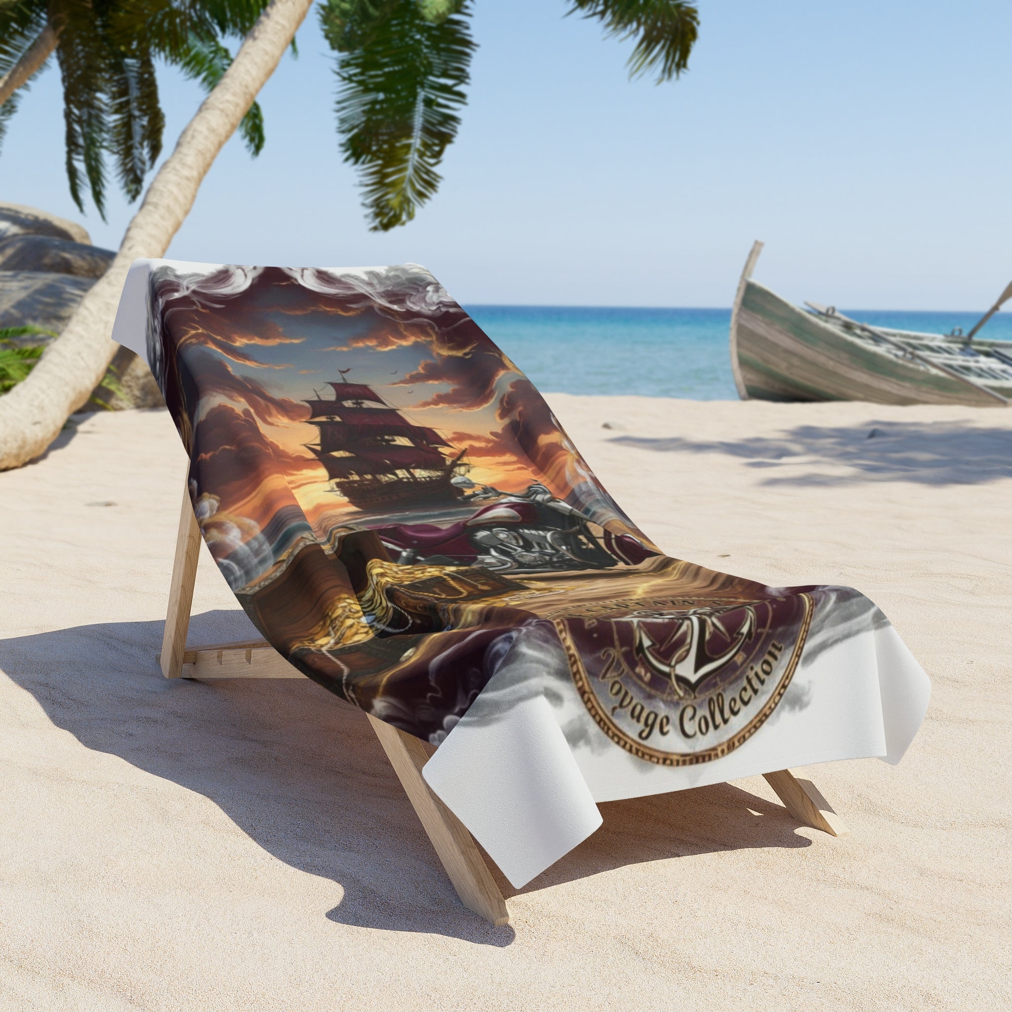 Pirate Treasure Ship Beach Towel — Vintage Compass & Skull Sunset Design