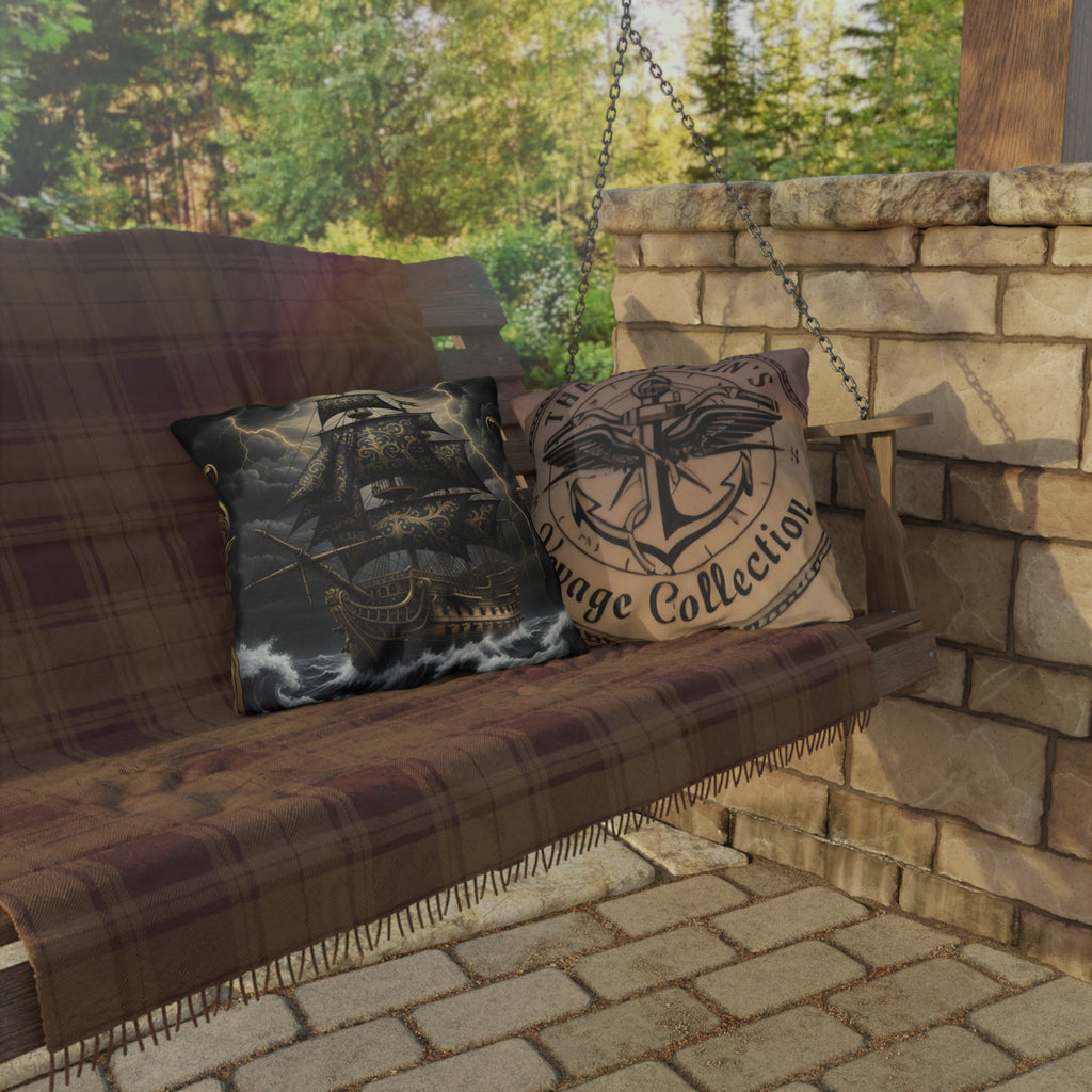Nautical Black Pirate Ship Outdoor Pillow - "The Captain's Voyage Collection" Accent Cushion