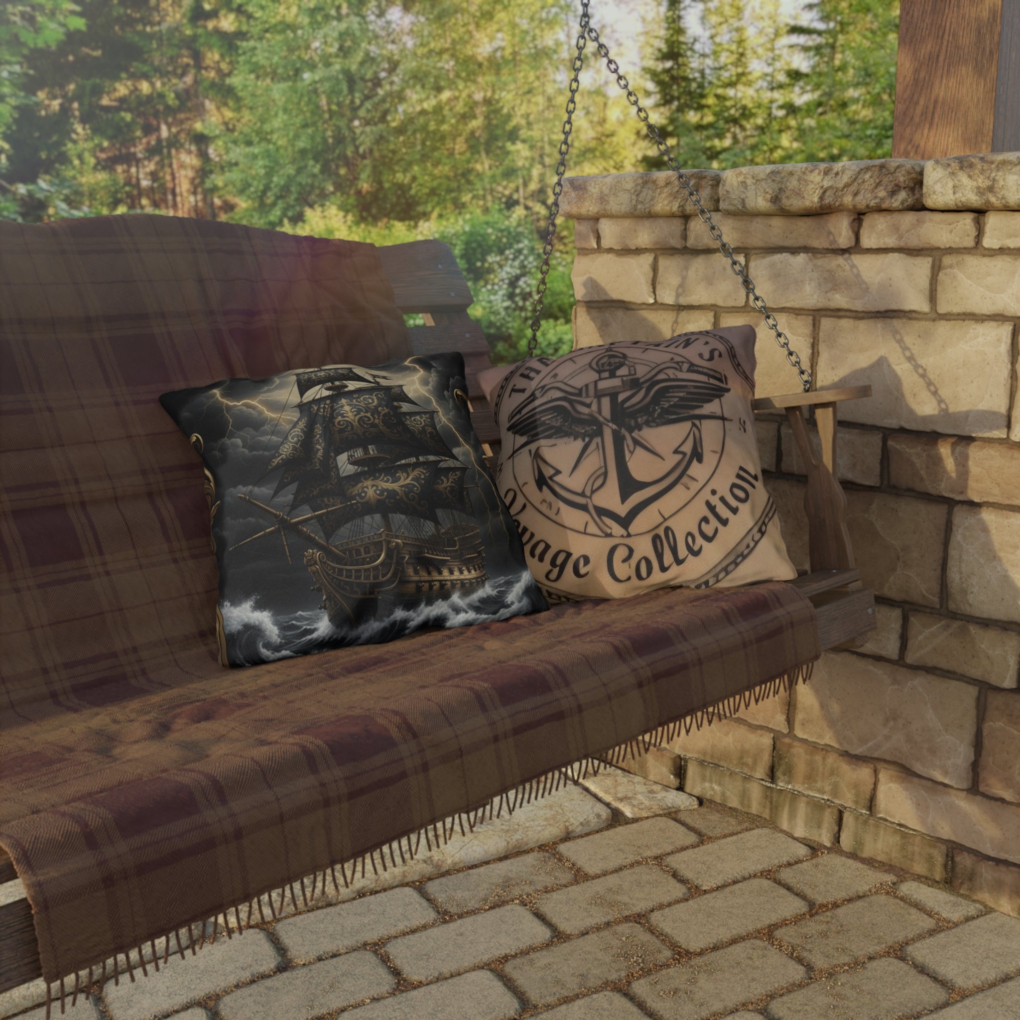 Nautical Black Pirate Ship Outdoor Pillow - "The Captain's Voyage Collection" Accent Cushion