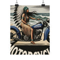 Vintage Motorcycle Poster — Native American Woman on Bike Matte Vertical Print