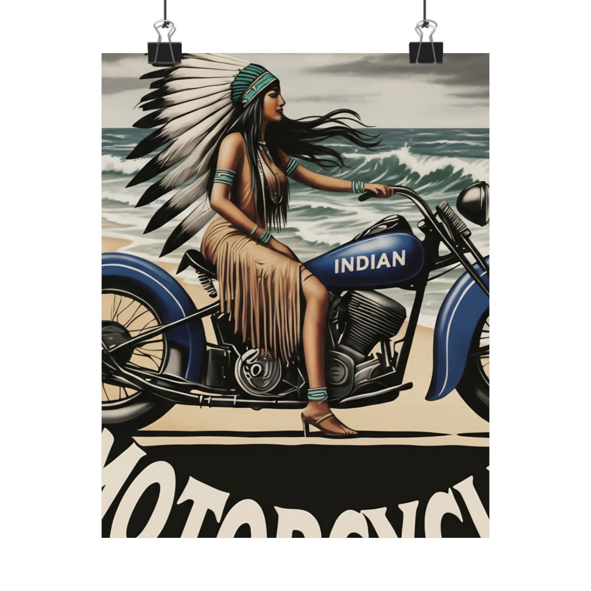 Vintage Motorcycle Poster — Native American Woman on Bike Matte Vertical Print