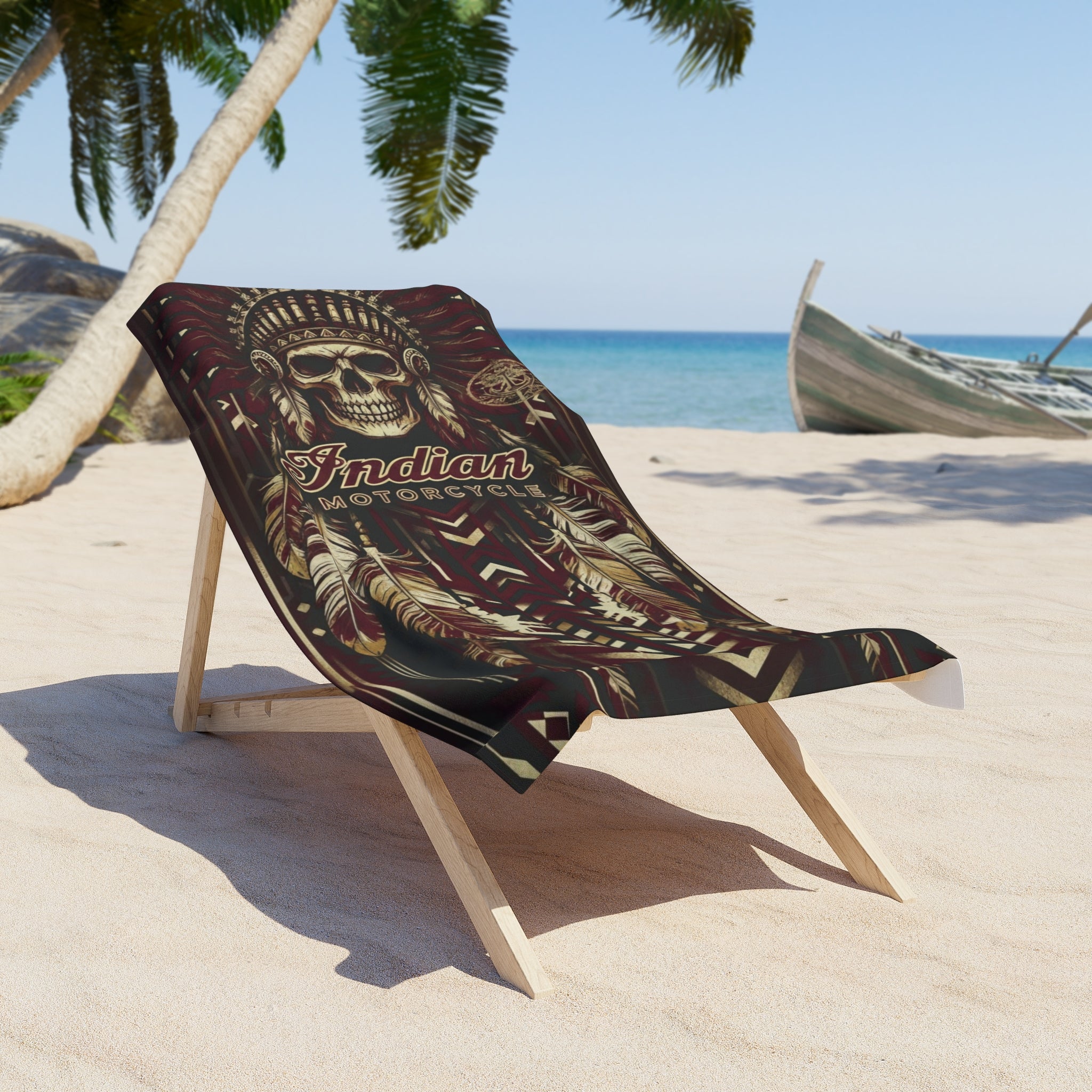 Indian Motorcycle Skull & Feather Beach Towel — Vintage Biker Tribal Design