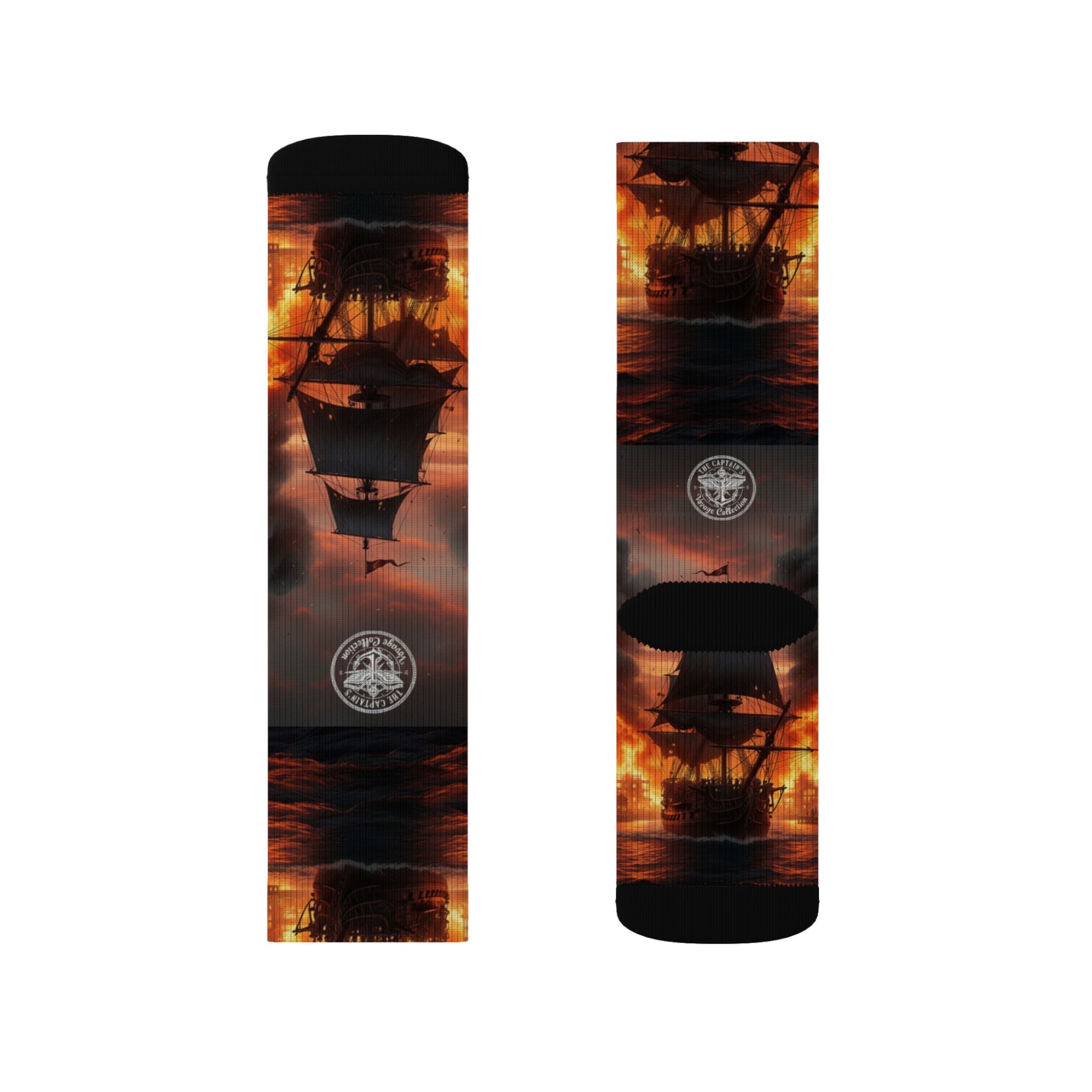 Pirate Ship Sunset Socks — Nautical Sailing Crew Socks with Dramatic Sunset Ship Silhouette