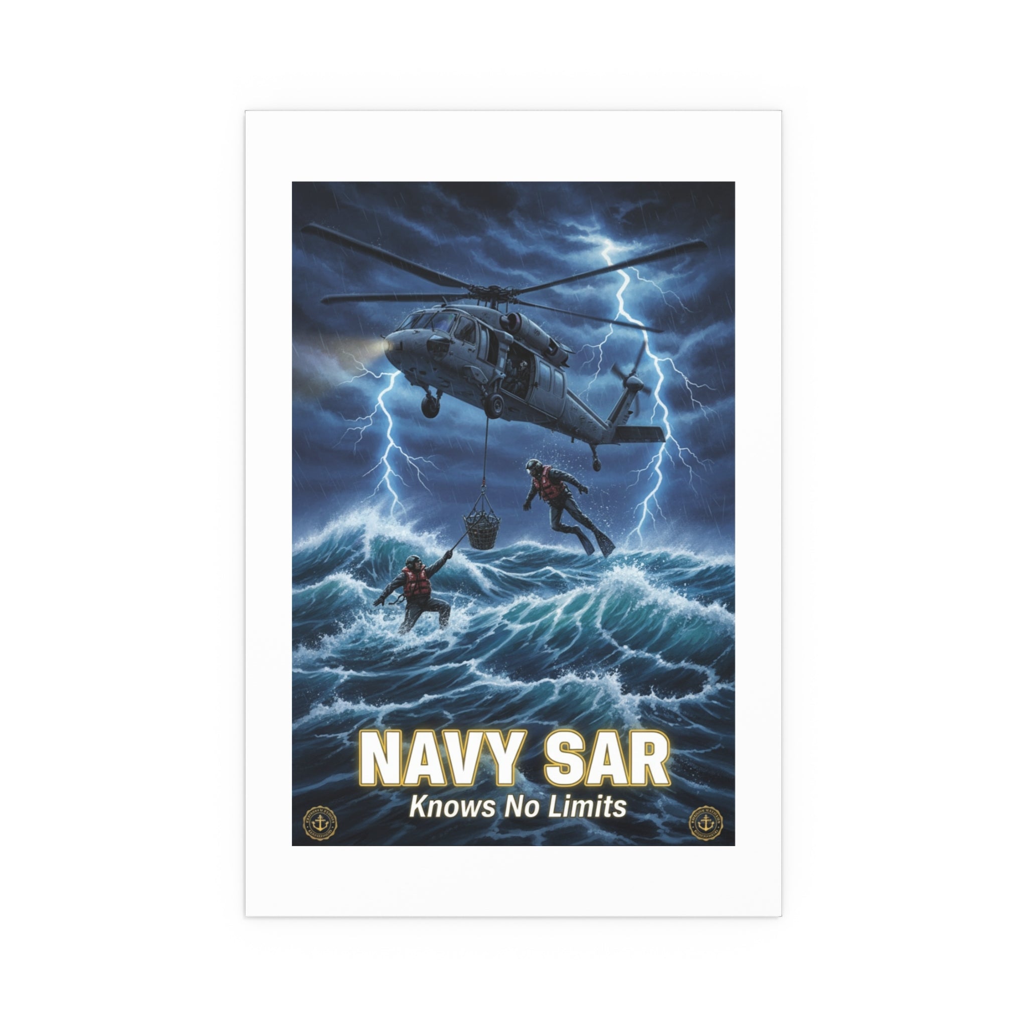 Navy SAR Silk Poster — "Knows No Limits" Rescue Helicopter Art (Indoor/Outdoor)