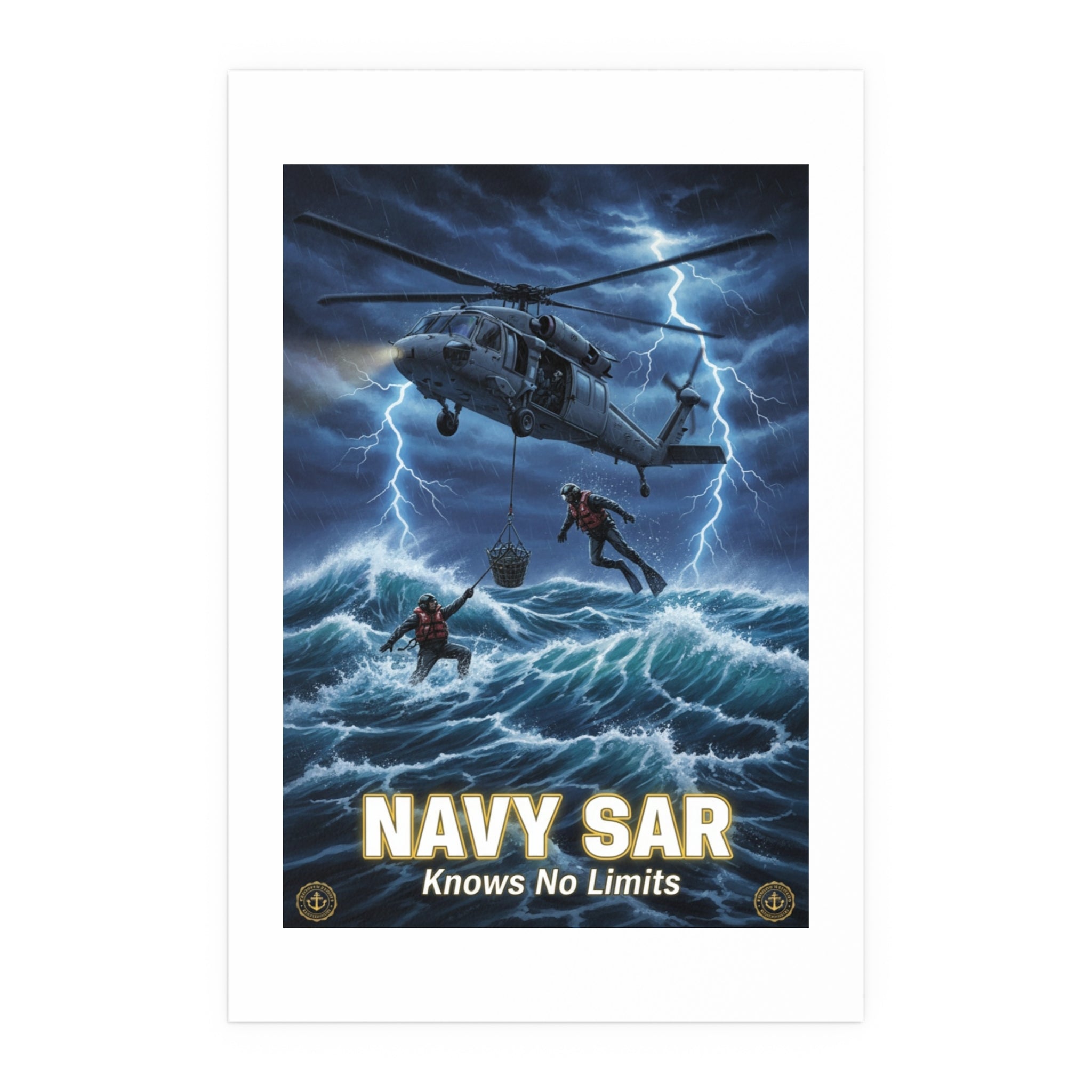 Navy SAR Silk Poster — "Knows No Limits" Rescue Helicopter Art (Indoor/Outdoor)