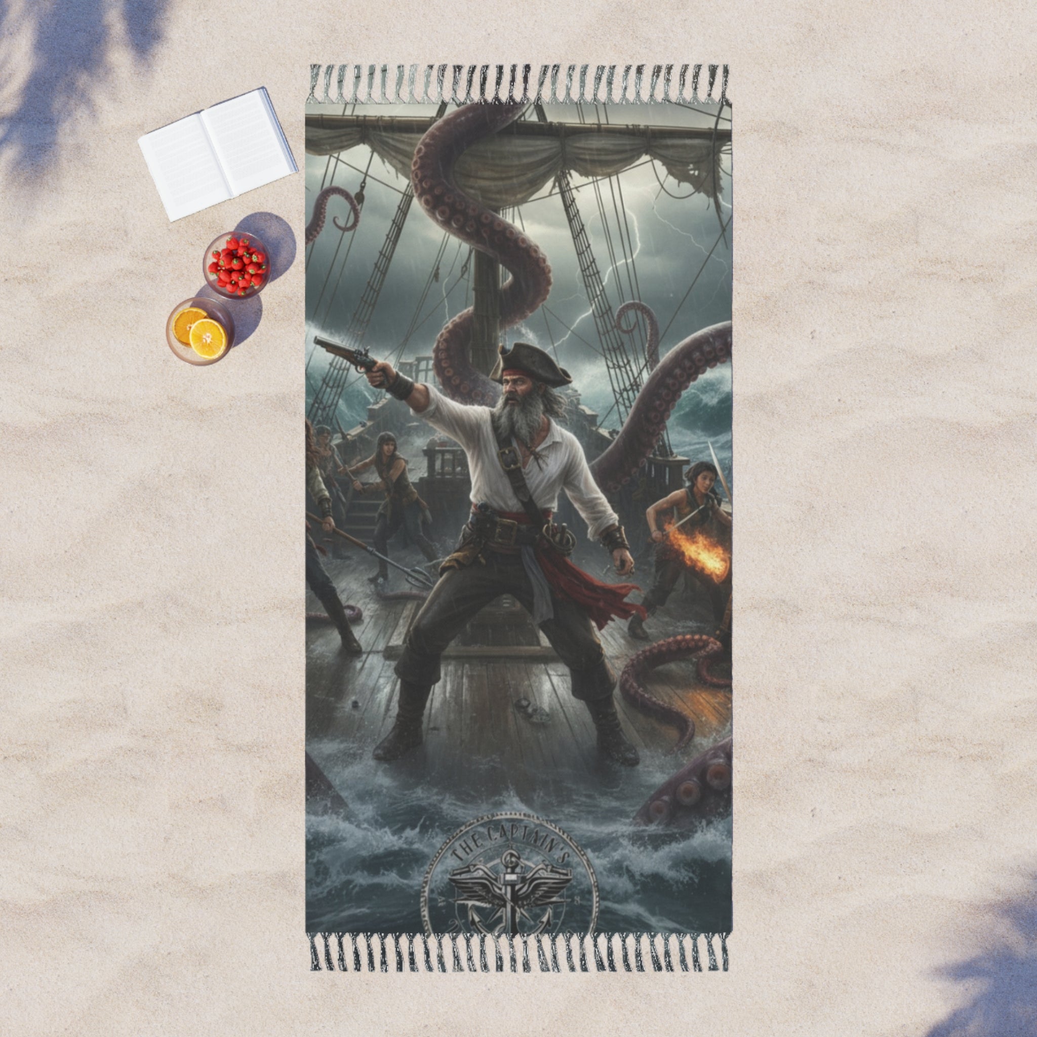 Pirate Battle Beach Towel — Kraken Shipwreck Boho Fringe Throw