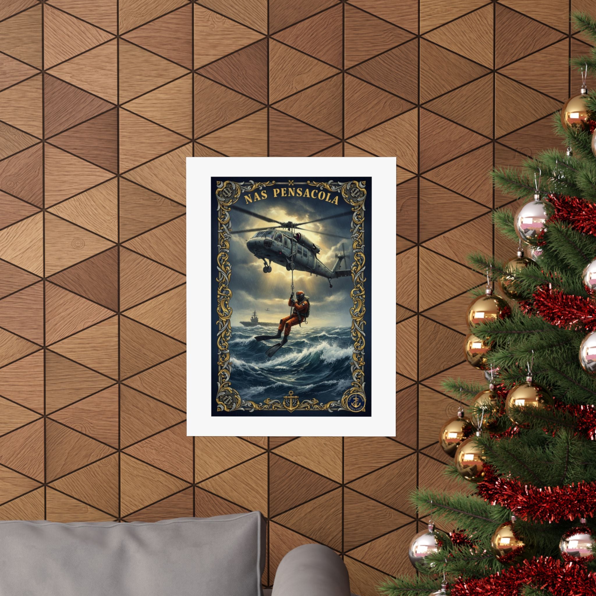 NAS Pensacola Rescue Helicopter Matte Poster — Search & Rescue Nautical Wall Art