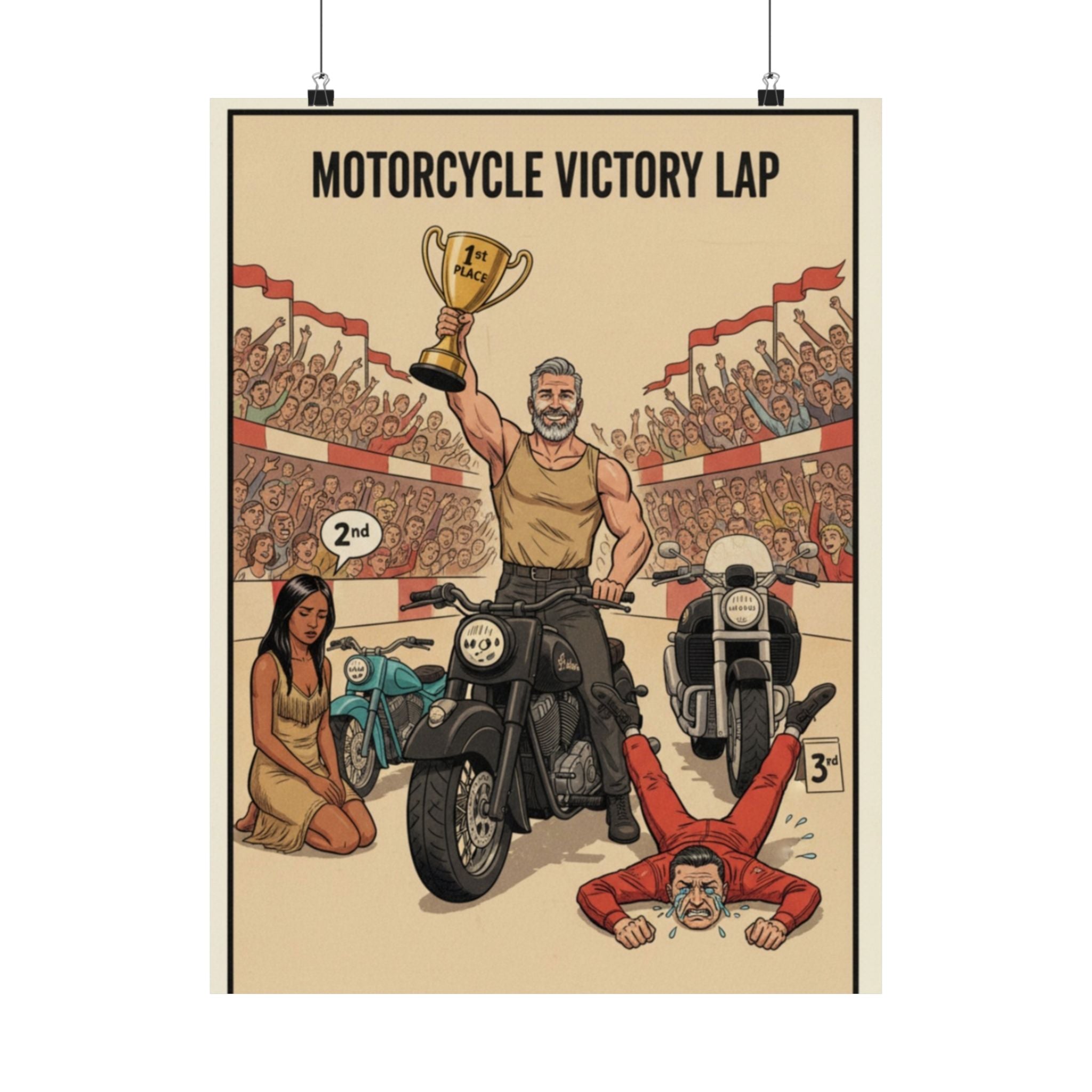 Motorcycle Victory Lap Poster — Retro Biker Triumph Matte Vertical Art