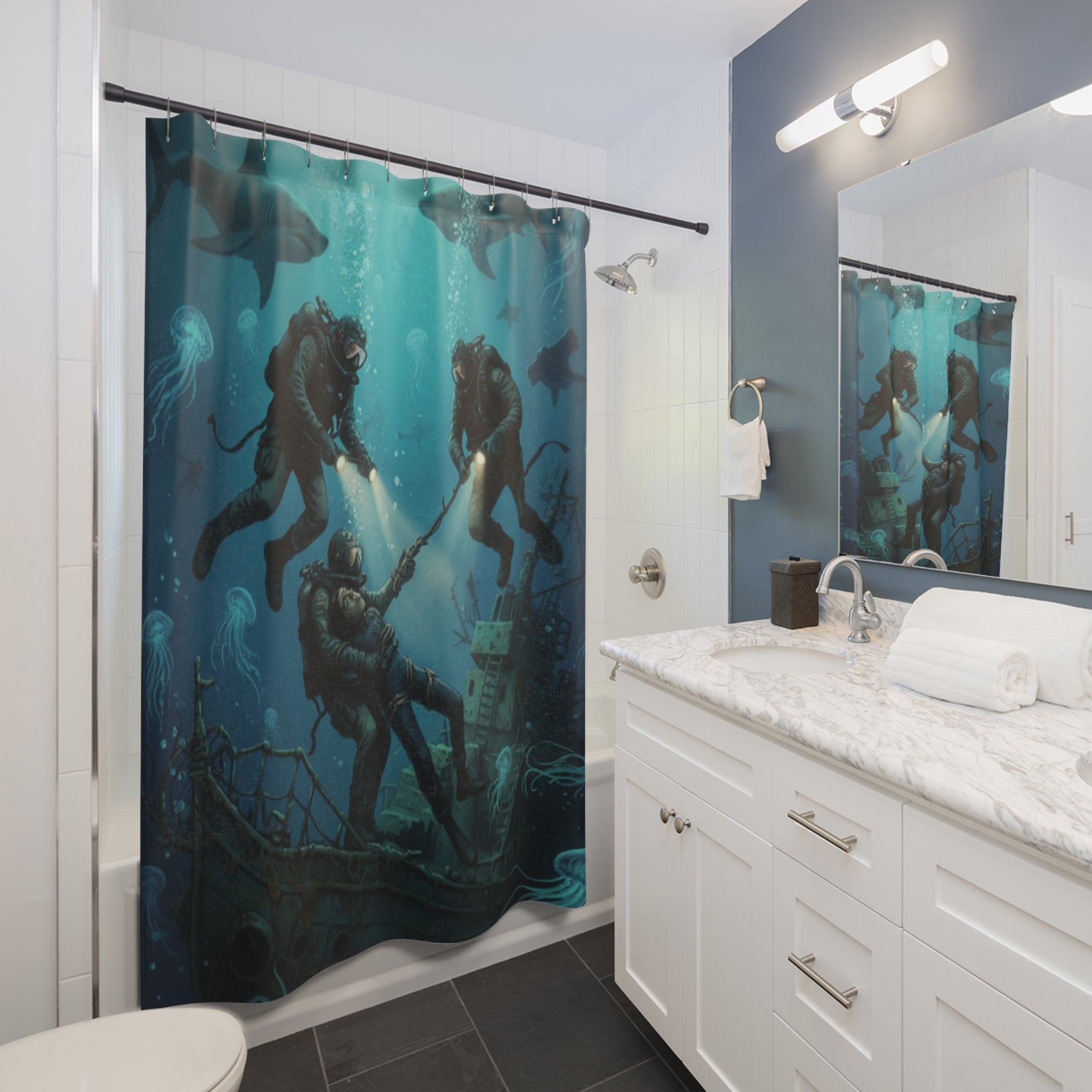 Underwater Divers Shower Curtain — Vintage Deep Sea Salvage Scene
